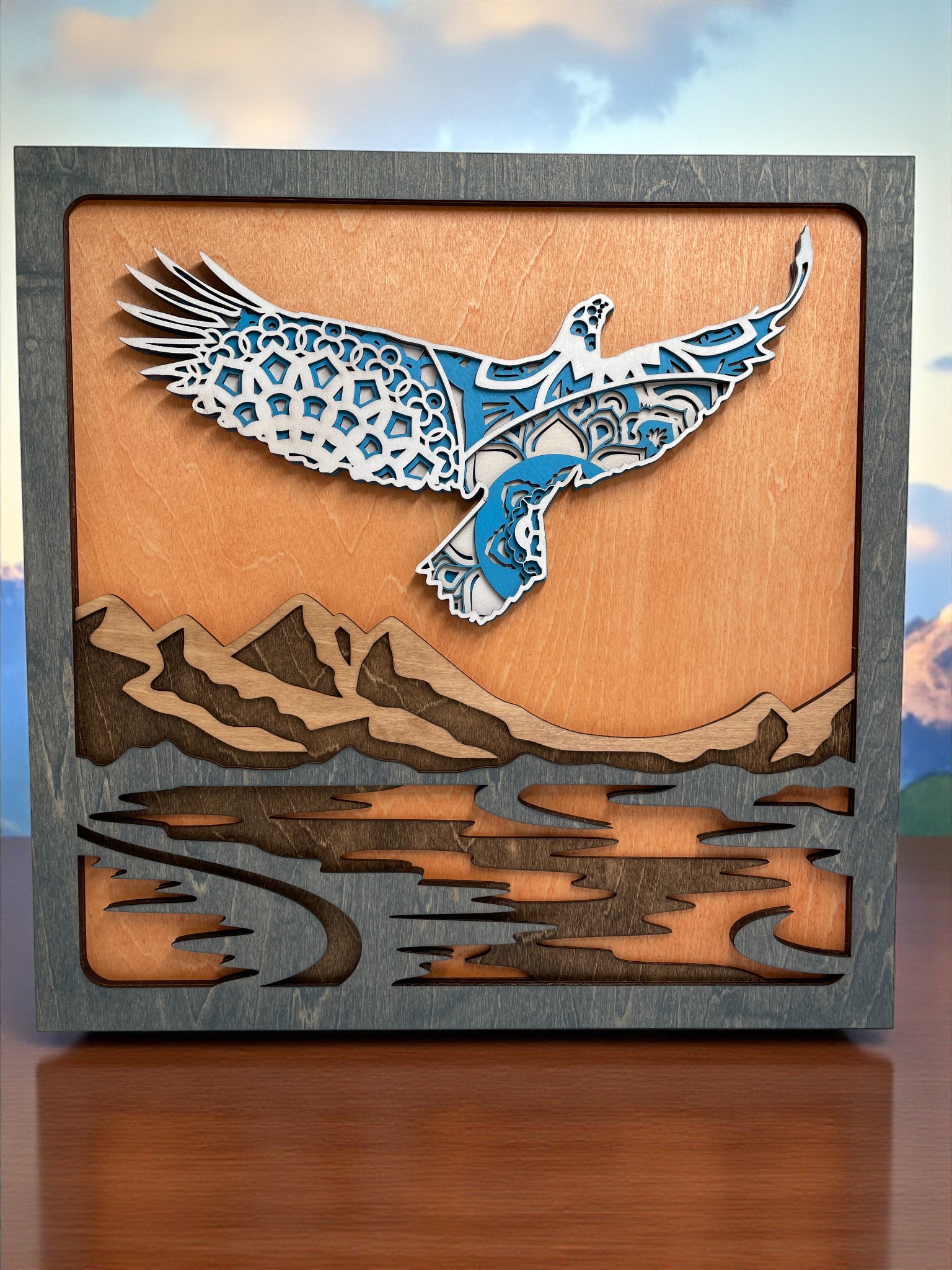 Handcrafted Layered Wood Art - Soaring Mandala Style Eagle over Mountain and Lake