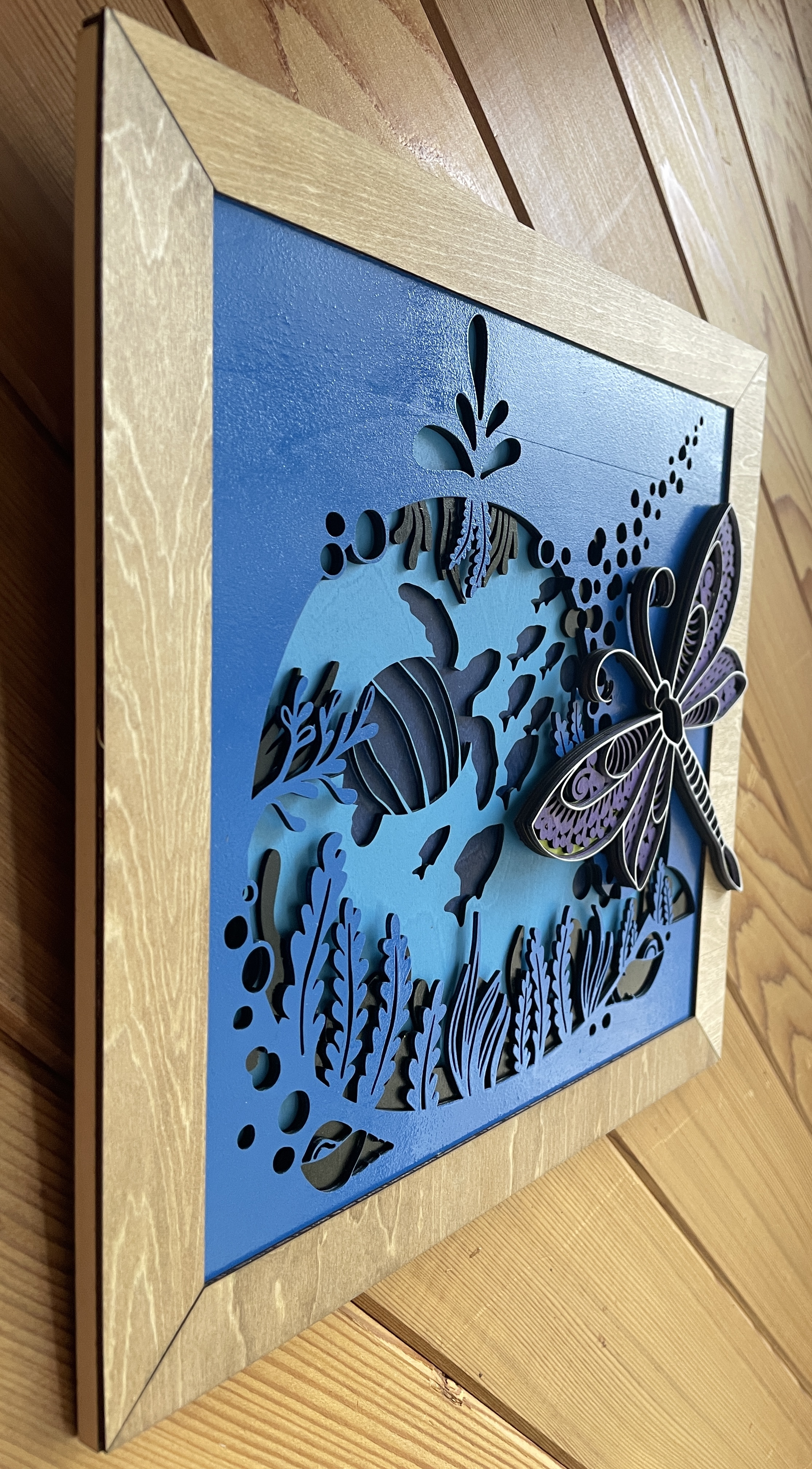 Handcrafted Layered Wood Art - Sea Turtle, Fish and Dragonfly Busting Through the Frame
