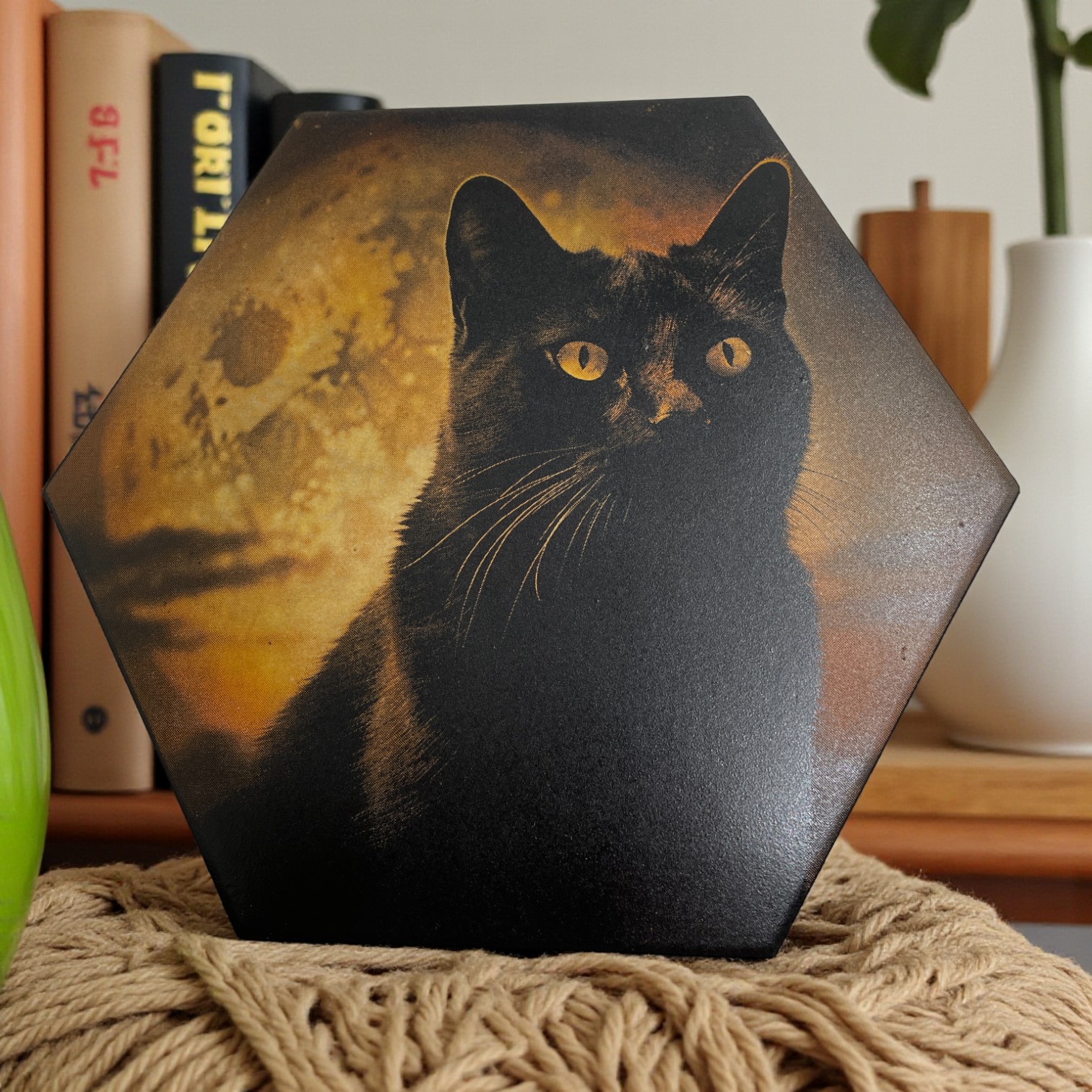 Colour Engraved GIANT Hex Tile - Black Cat in the Moonlight