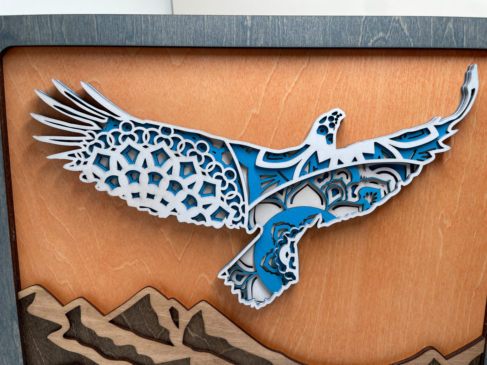 Handcrafted Layered Wood Art - Soaring Mandala Style Eagle over Mountain and Lake