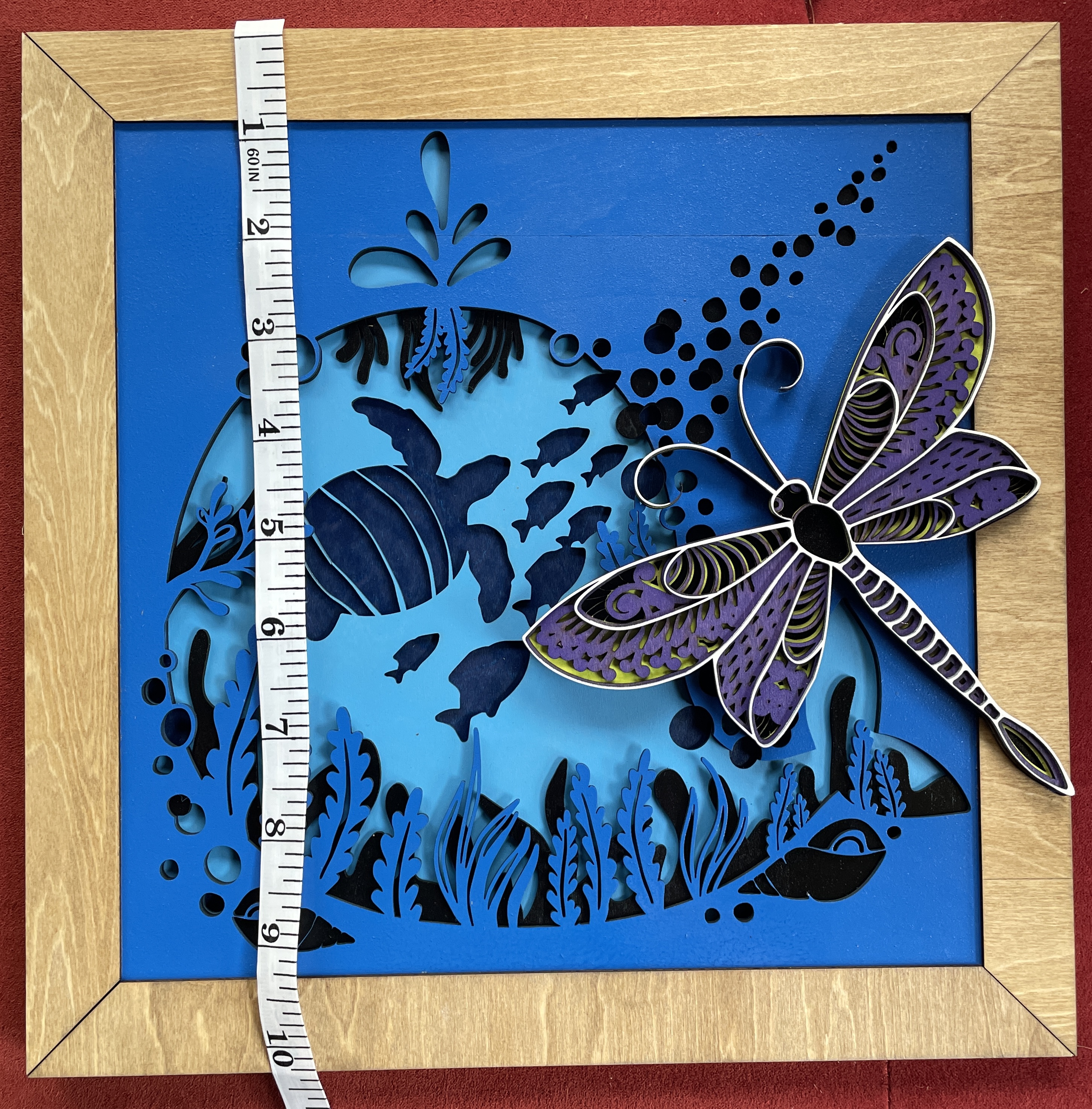Handcrafted Layered Wood Art - Sea Turtle, Fish and Dragonfly Busting Through the Frame