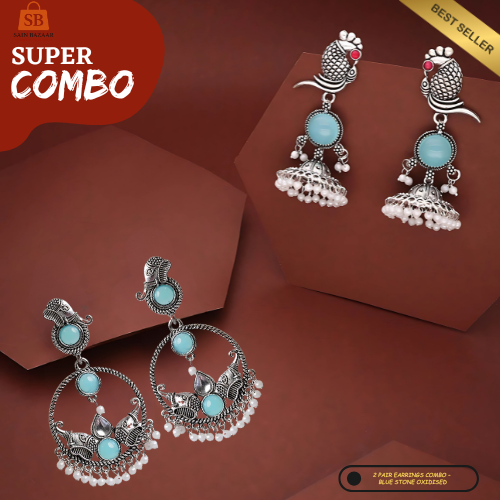Blue Stone Oxidized Earrings Combo