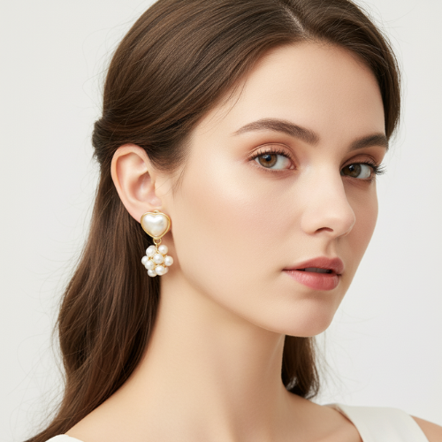 Heart Shaped Pearl Cluster Earrings