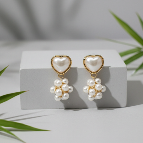 Heart Shaped Pearl Cluster Earrings