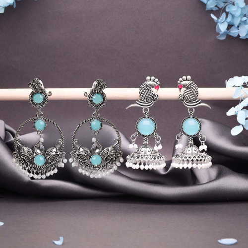 Blue Stone Oxidized Earrings Combo