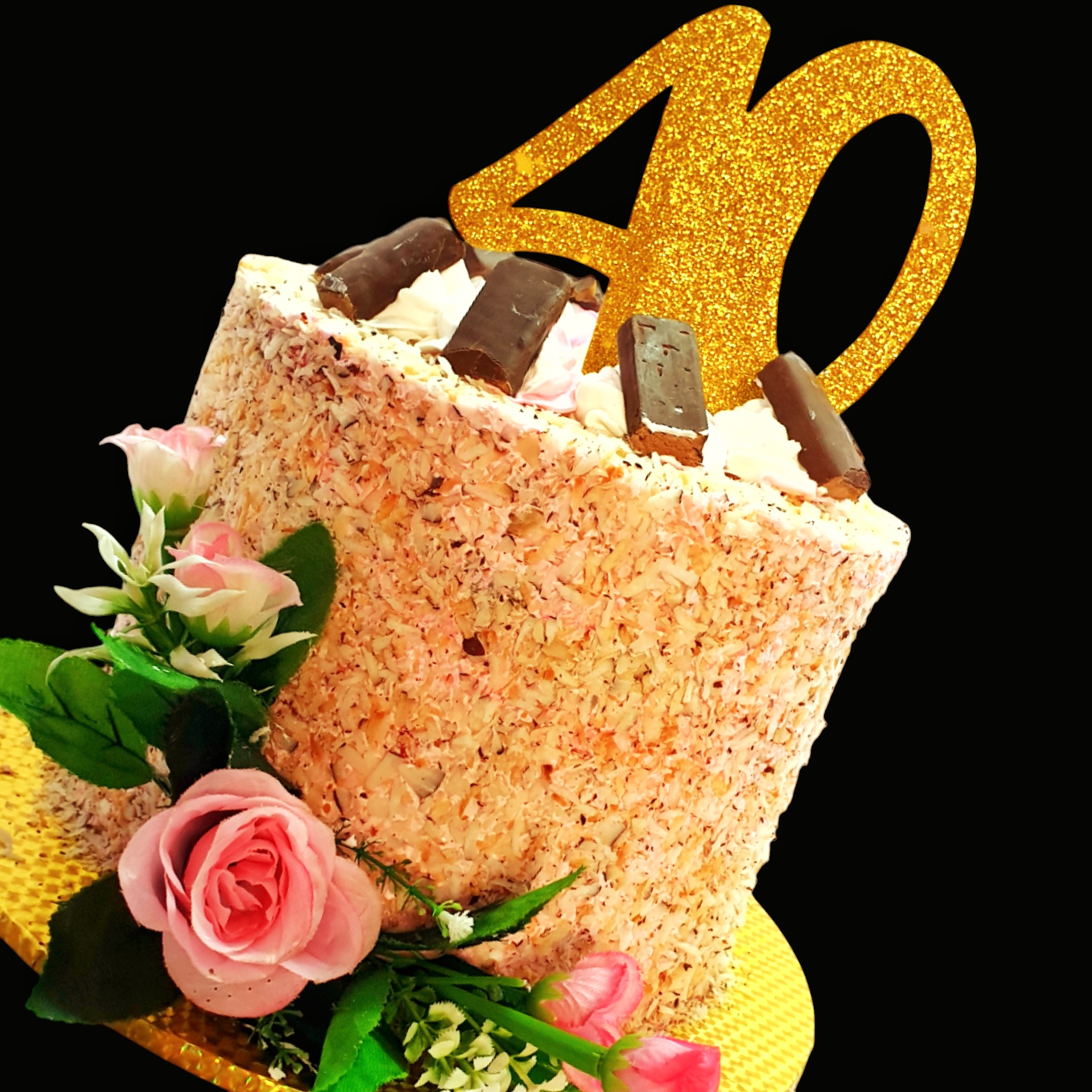 8" by 8" 40th Anniversary Celebration Cake with coconut shavings