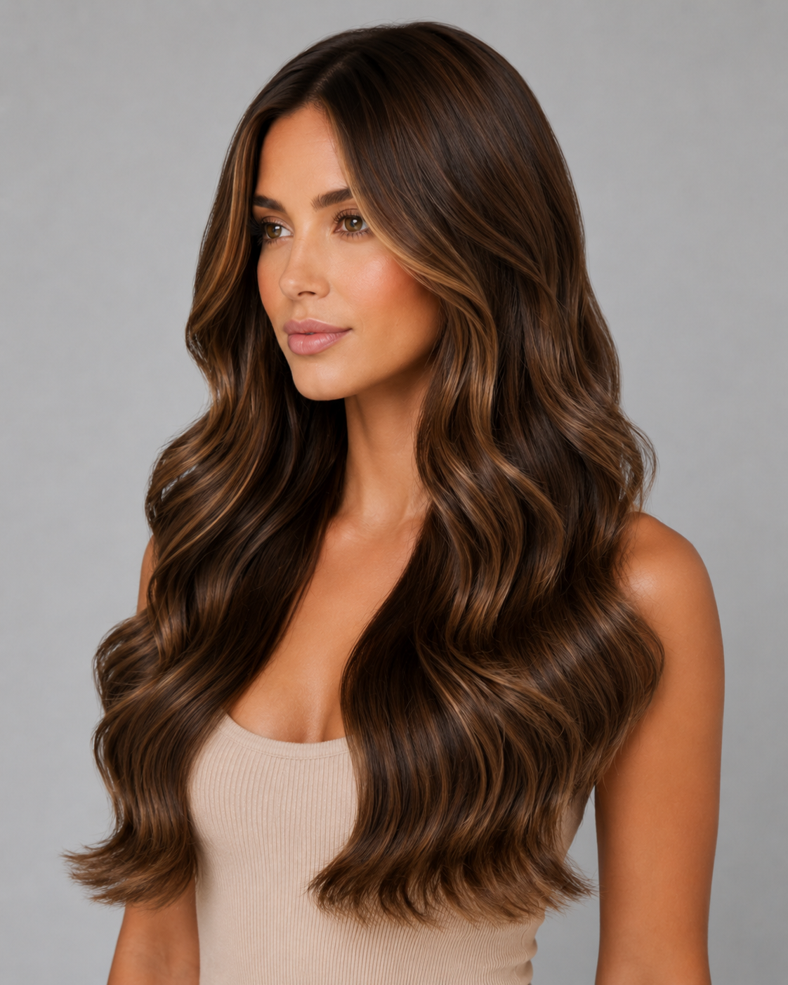 Sienna – Layered Highlight Wig | Luxury Brunette Waves | Human Hair Look