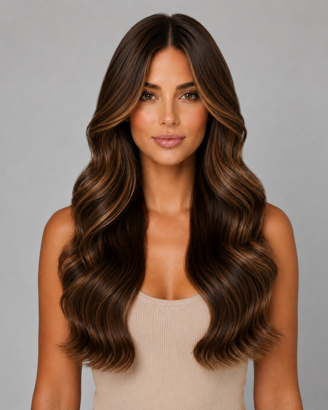 Sienna – Layered Highlight Wig | Luxury Brunette Waves | Human Hair Look