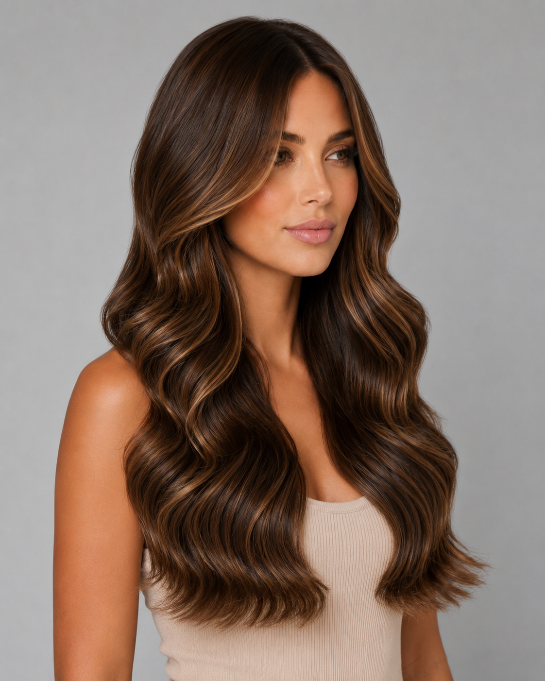 Sienna – Layered Highlight Wig | Luxury Brunette Waves | Human Hair Look