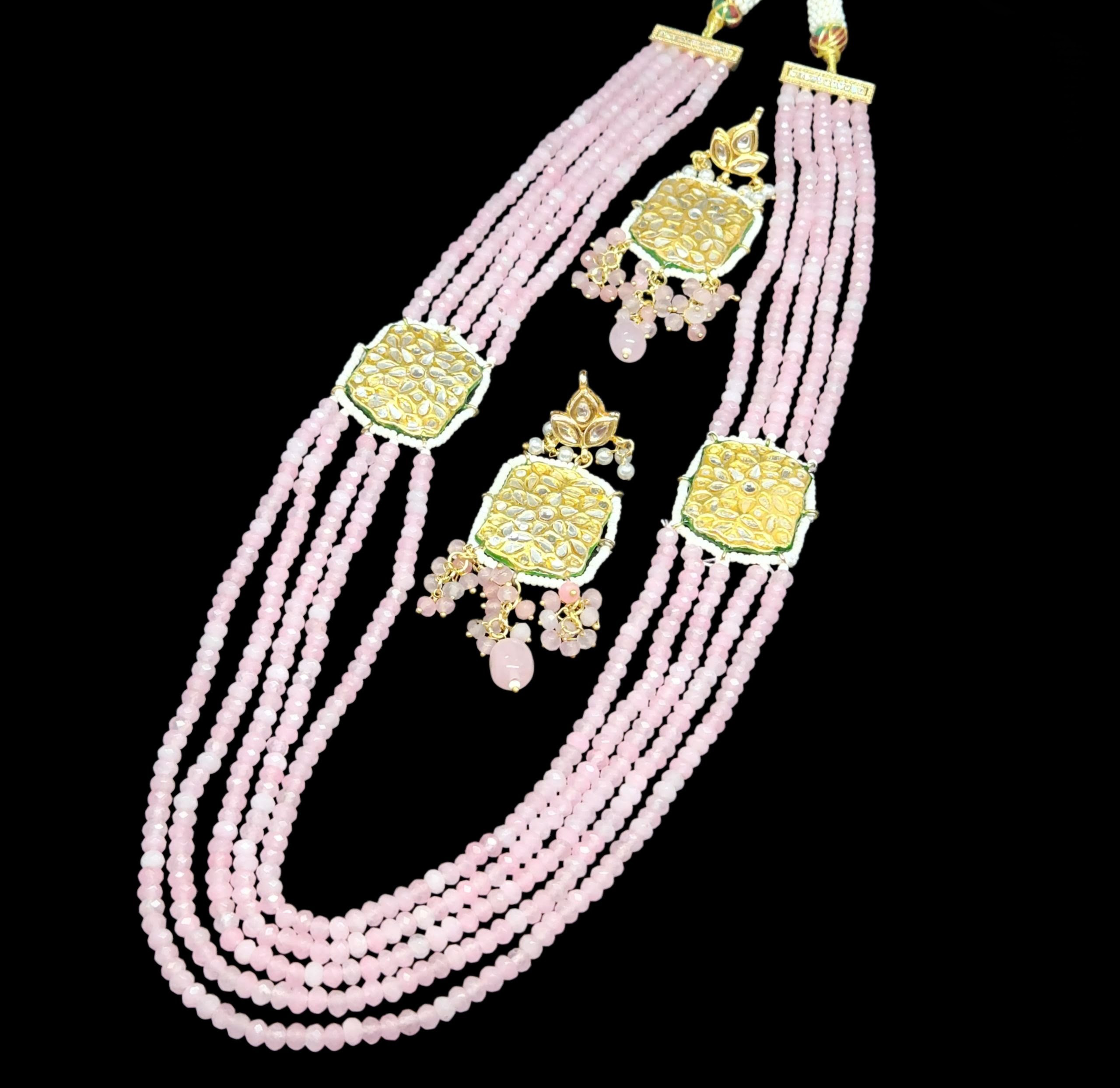 Long Pink Beaded Necklace and Earrings Set
