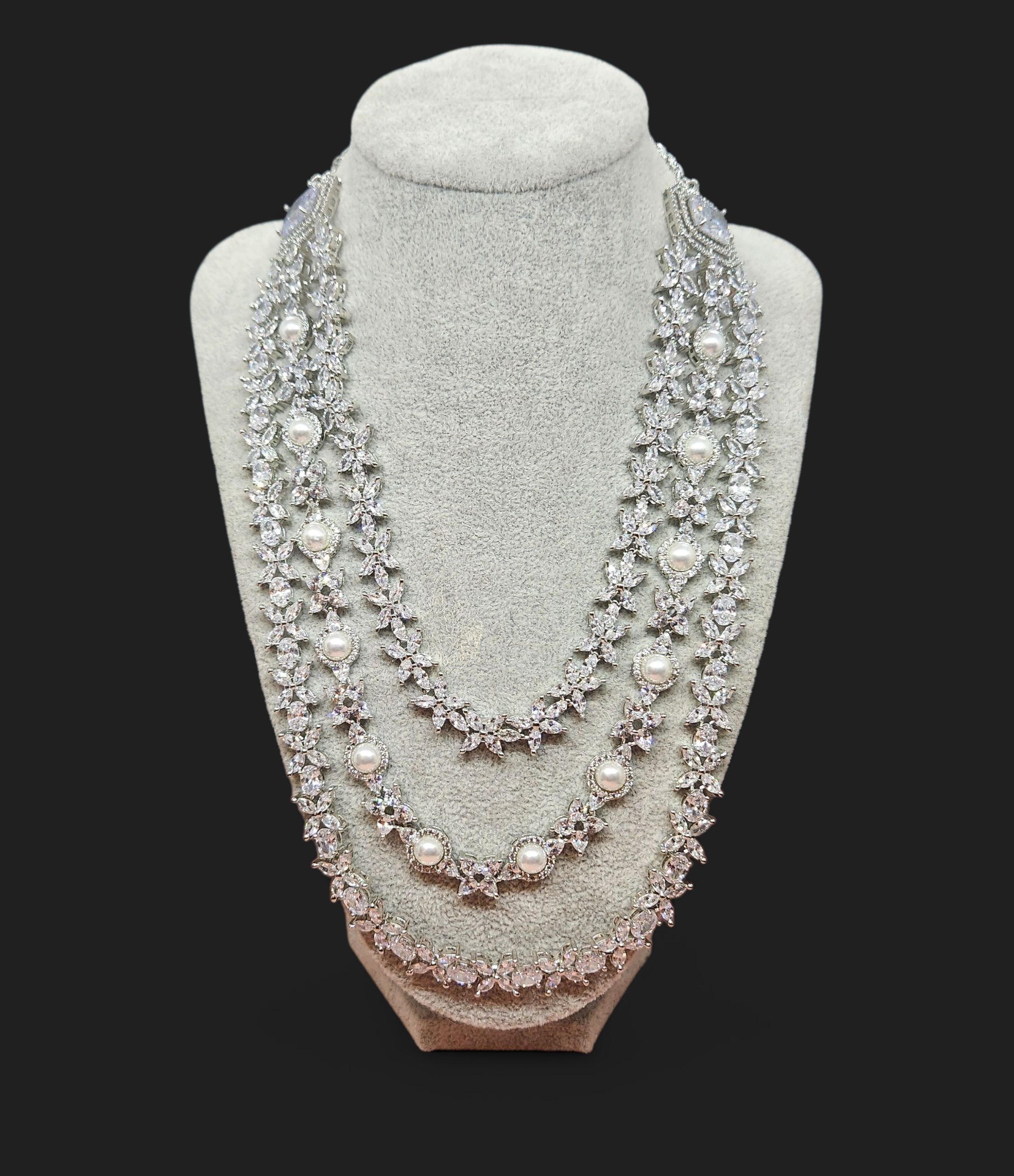 Silver Pearl Long Necklace and Earrings Set