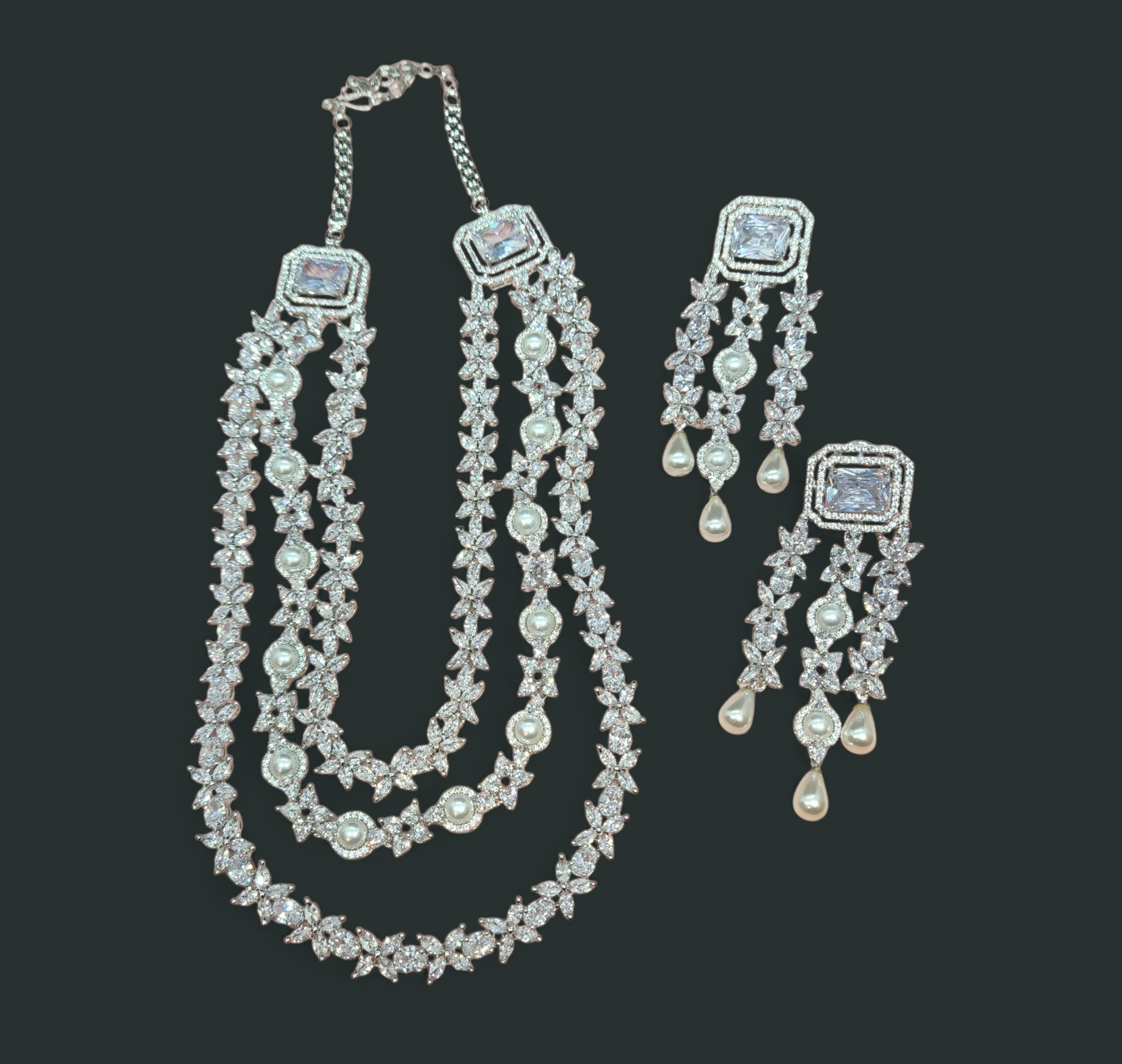 Silver Pearl Long Necklace and Earrings Set