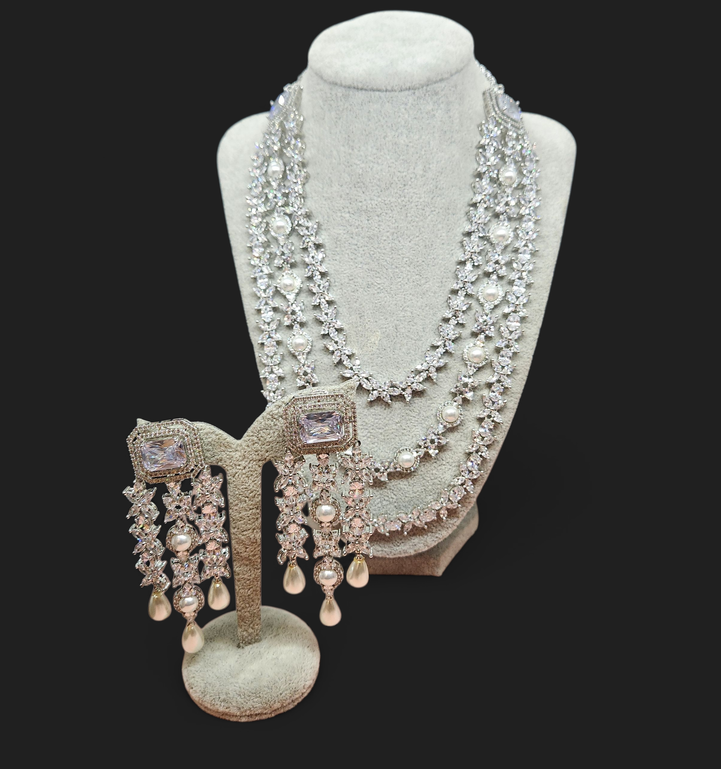 Silver Pearl Long Necklace and Earrings Set