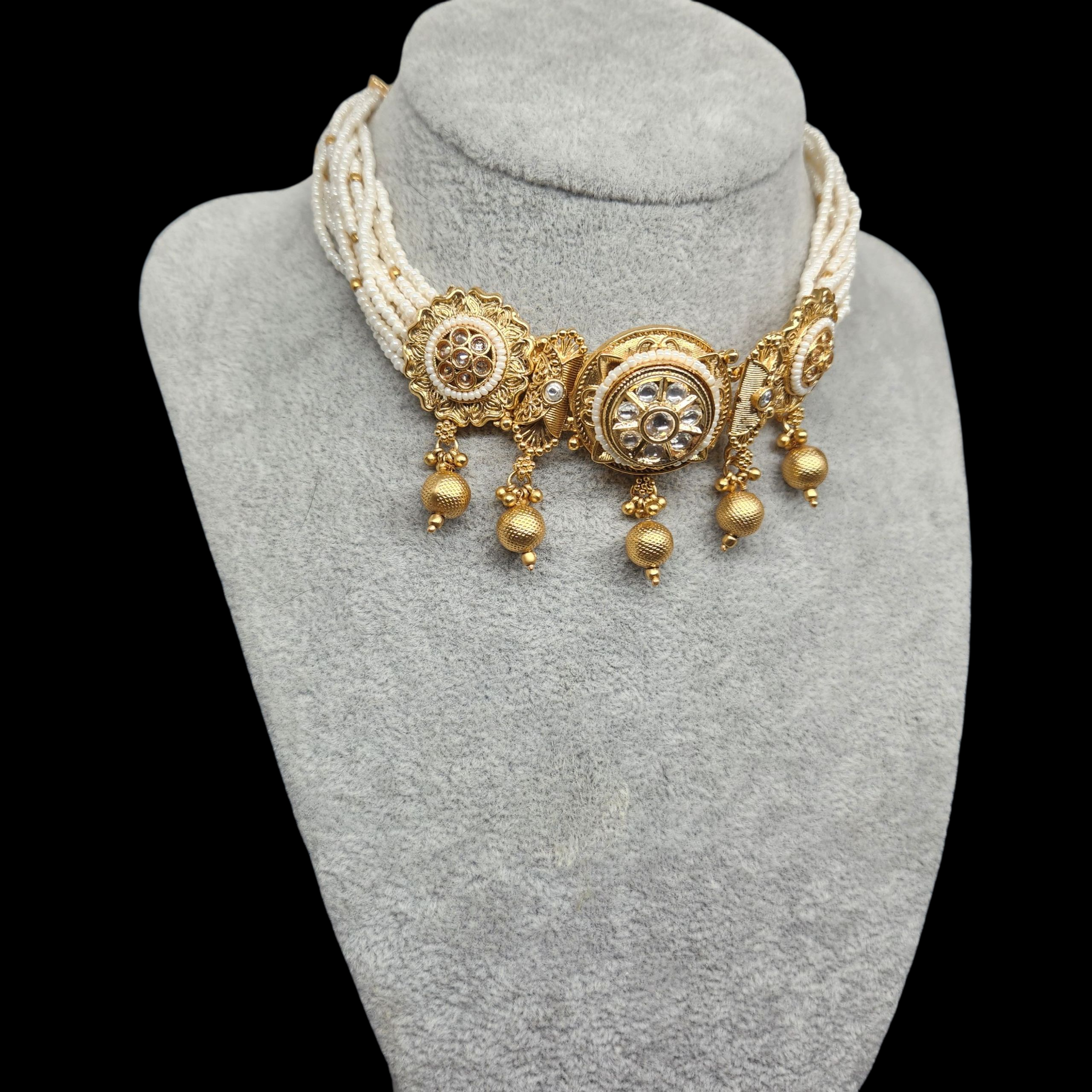 Traditional Gold Pearl Choker Necklace and Earrings