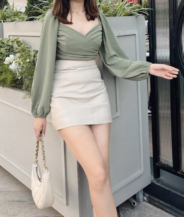 Elegant Green Top and White Mini Skirt Set