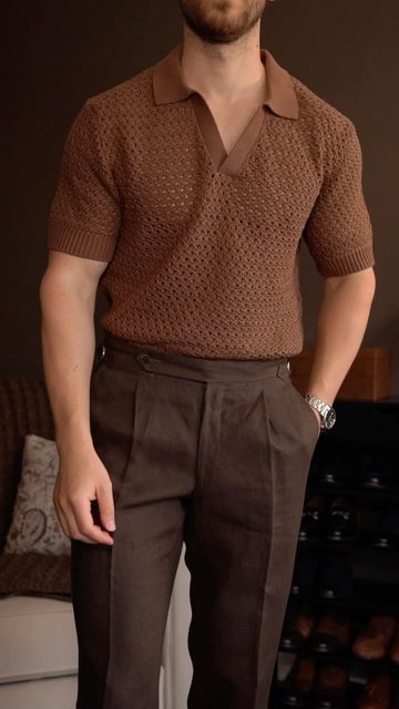 Men's Brown Knitted Polo Shirt