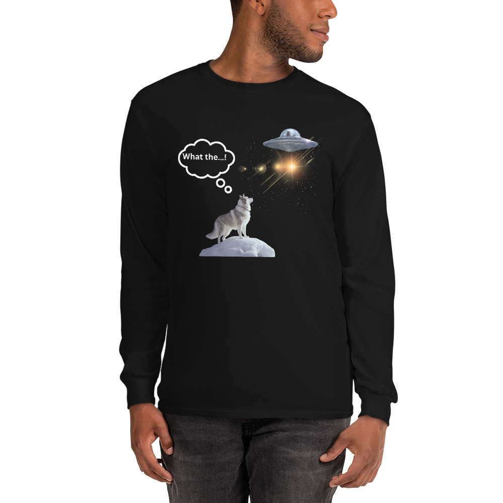 Husky Dog and Cat flying a UFO Graphic Long-Sleeve T-Shirt
