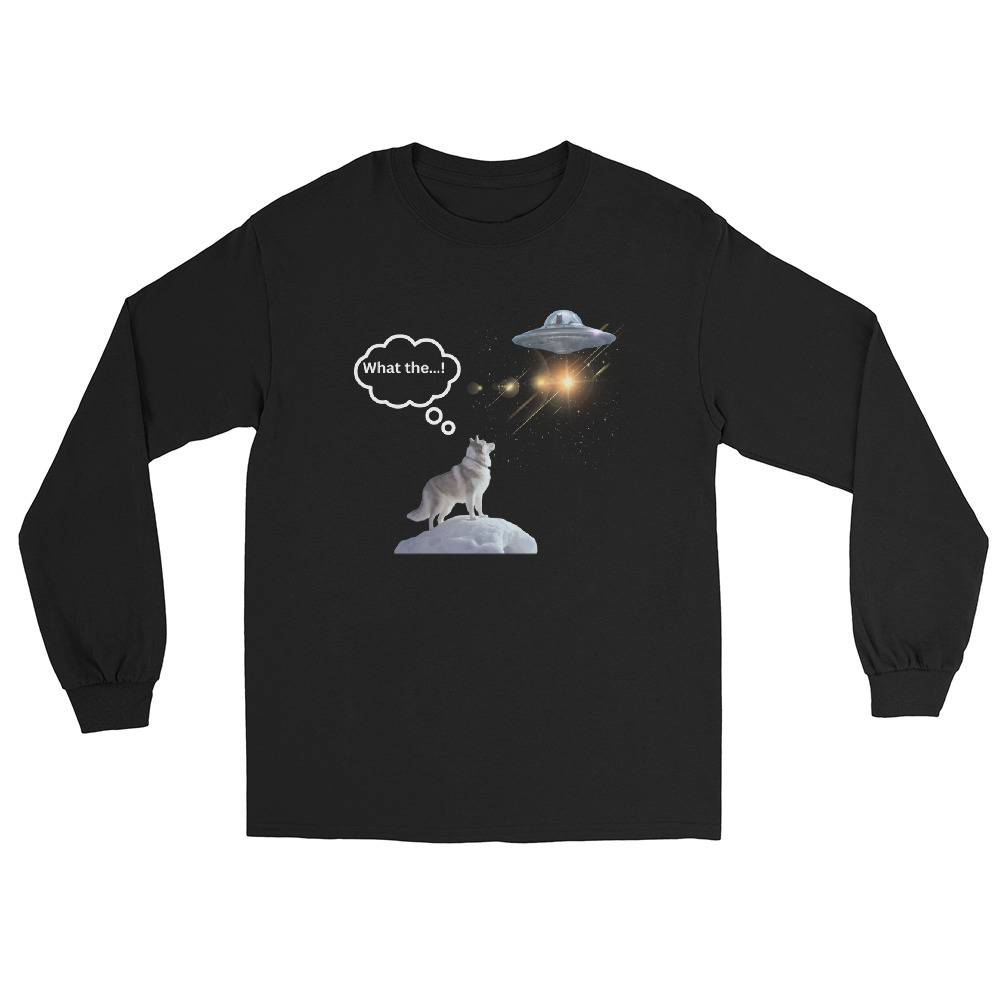 Husky Dog and Cat flying a UFO Graphic Long-Sleeve T-Shirt