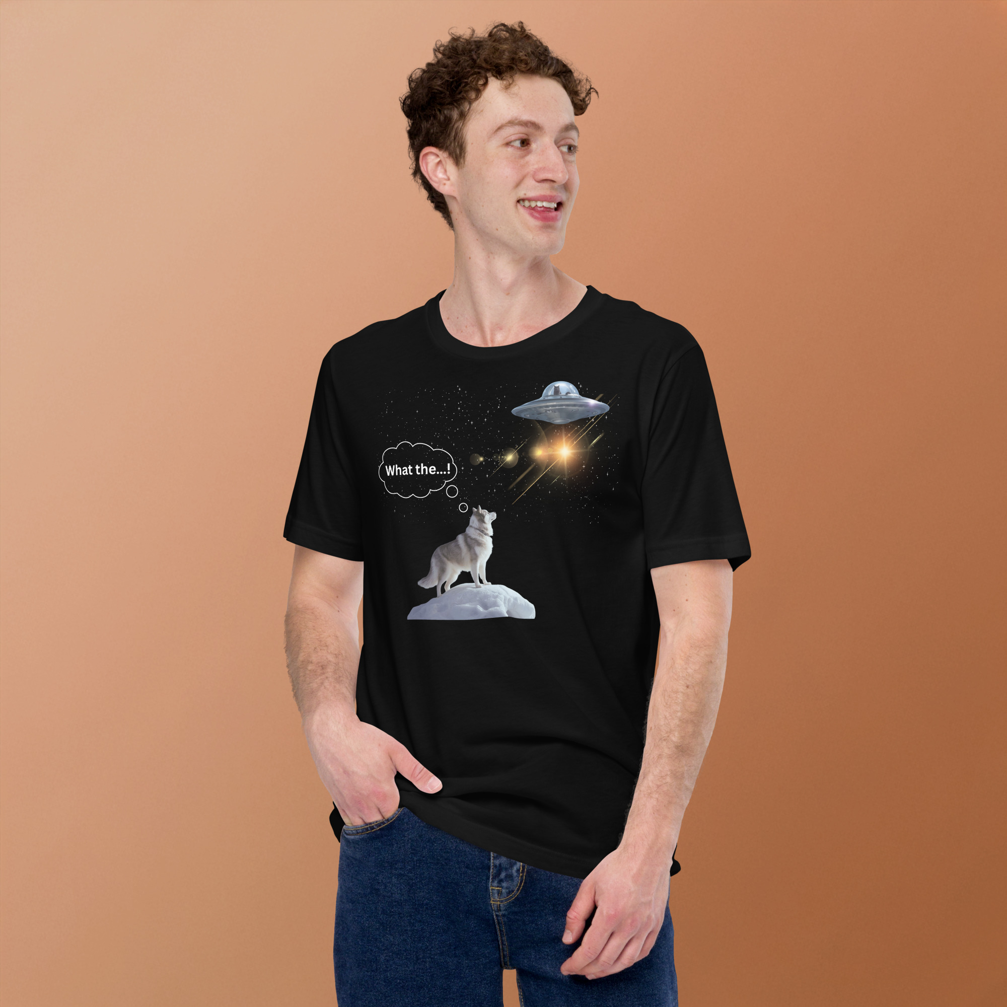 Funny T-Shirt with Husky Dog watching a cat fly a UFO