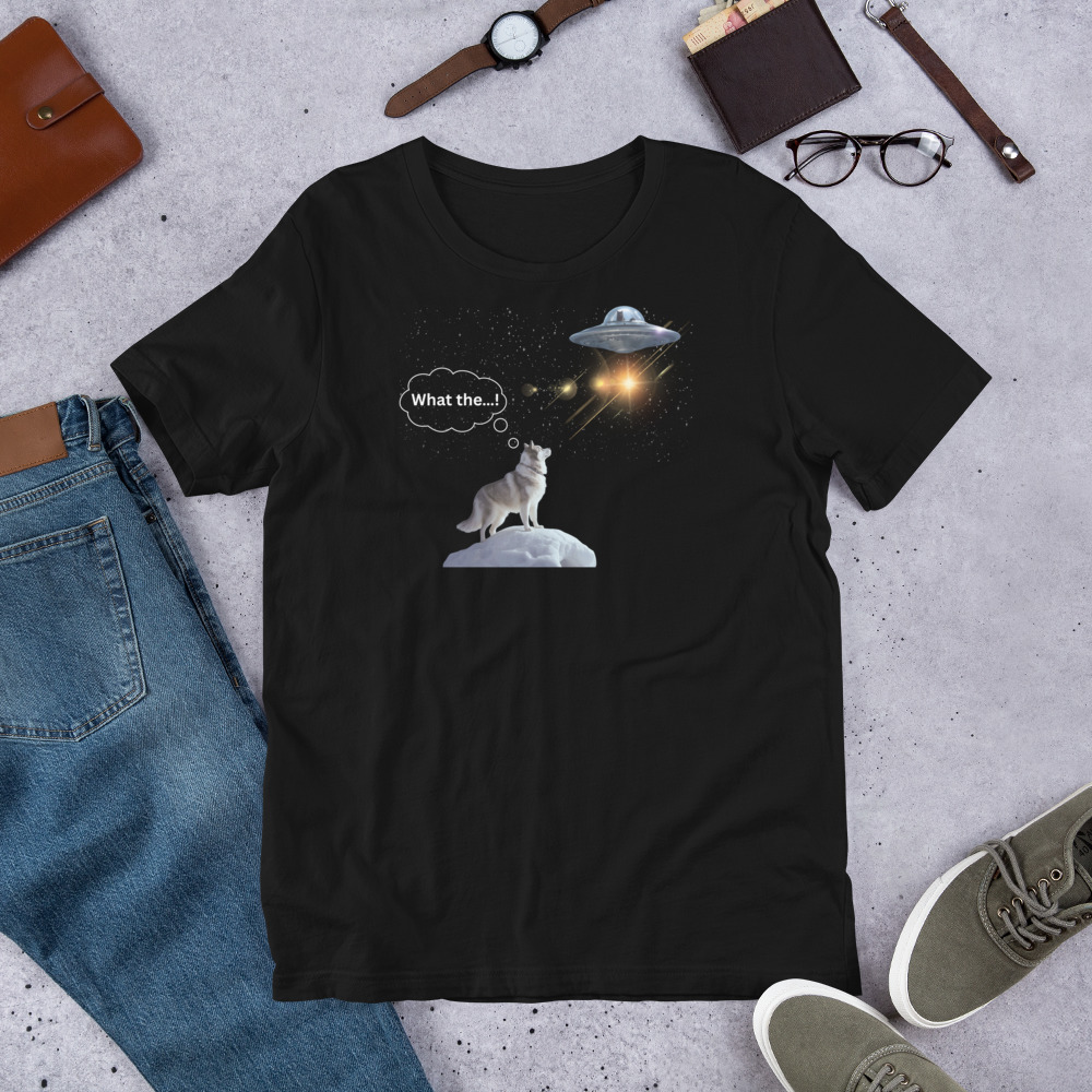 Funny T-Shirt with Husky Dog watching a cat fly a UFO