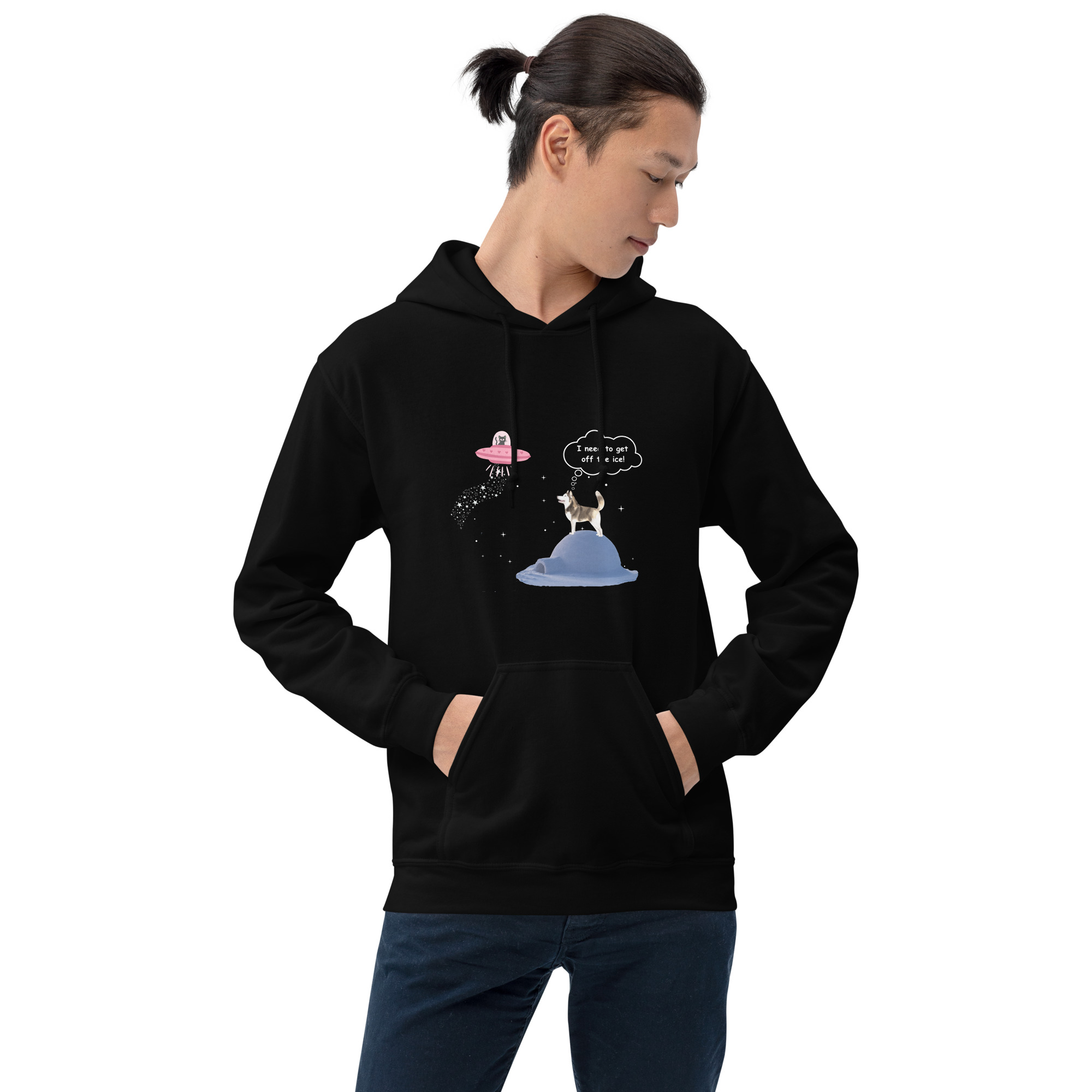 Cat in UFO and Husky Dog Graphic Hoodie