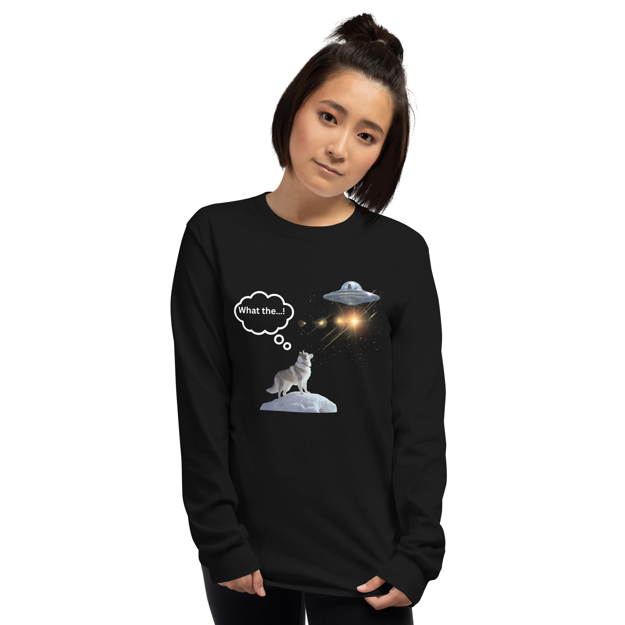Husky Dog and Cat flying a UFO Graphic Long-Sleeve T-Shirt
