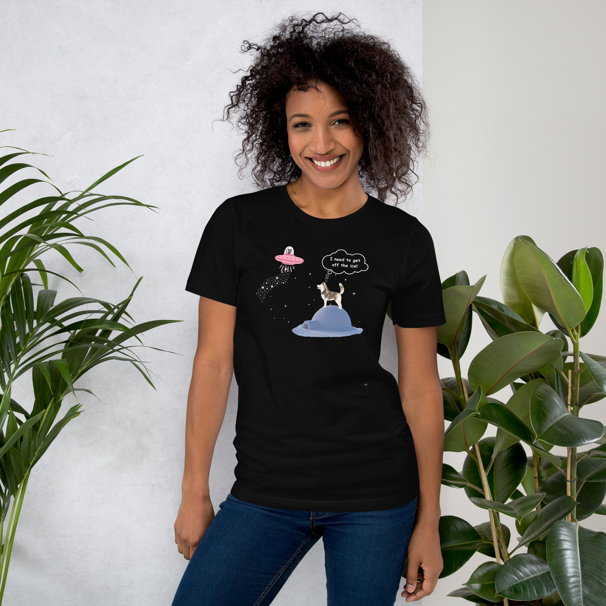Funny Cat UFO and Husky Dog Graphic T-Shirt