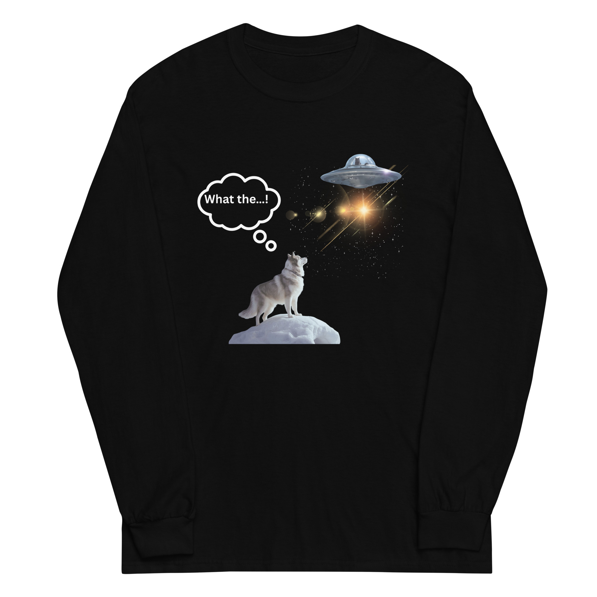 Husky Dog and Cat flying a UFO Graphic Long-Sleeve T-Shirt