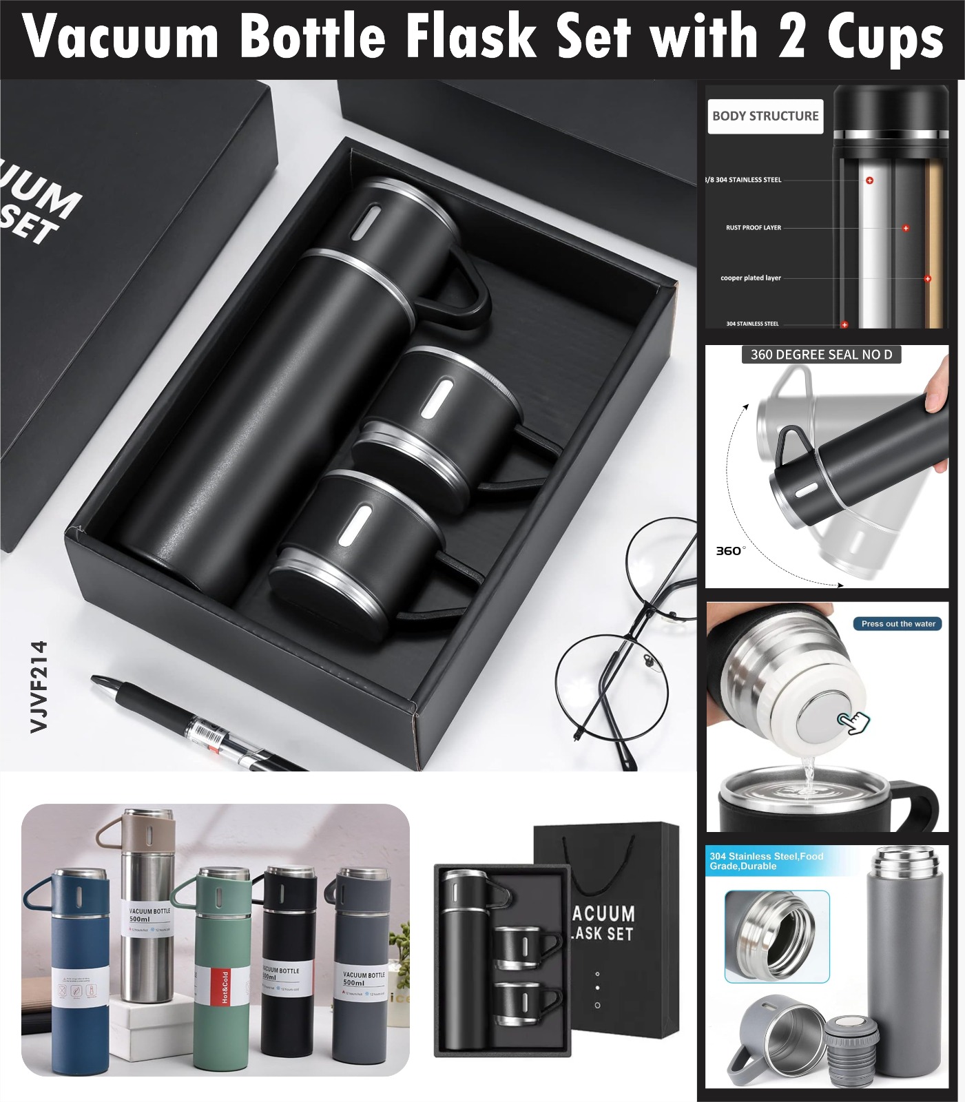Vacuum Bottle Flask Set with 2 Cups