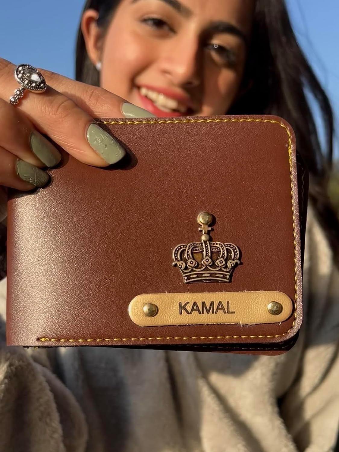 Personalized Brown Leather Wallet with name print & Charm 