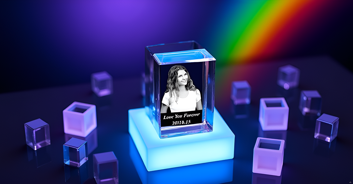 3D Crystal cube with Personalized Photo engraving (Size: 5x5x8cm)