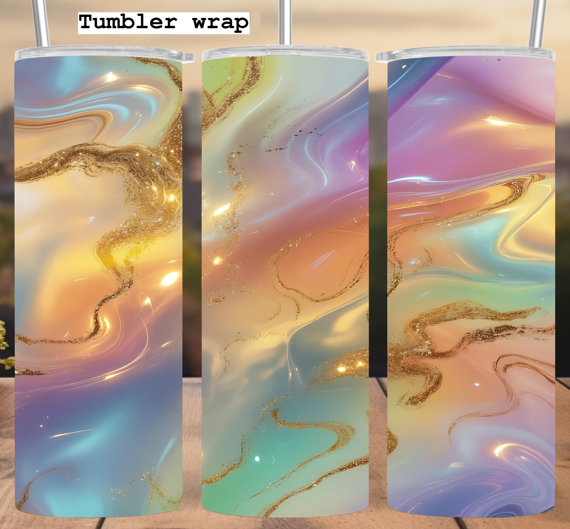 Pastel Holographic Marble: Iridescent Gold Shimmer Aesthetic tumbler wrap 20oz PNG