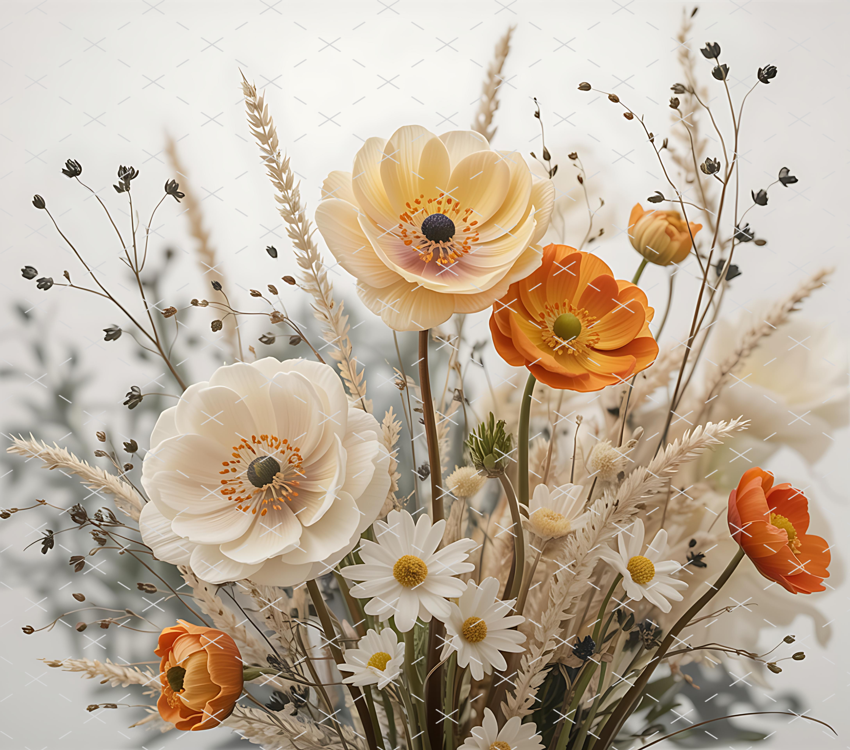 Cream Orange Floral Bouquet tumbler wrap 20oz PNG