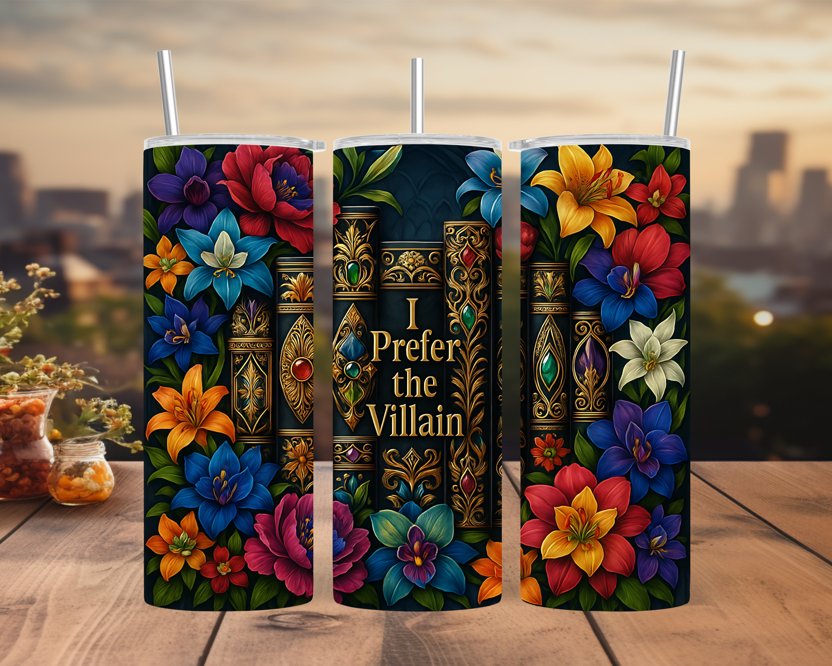 Gothic Floral Villain Tumbler Wrap 20oz: Ornate Books with Gold Accents and Colorful Flowers PNG