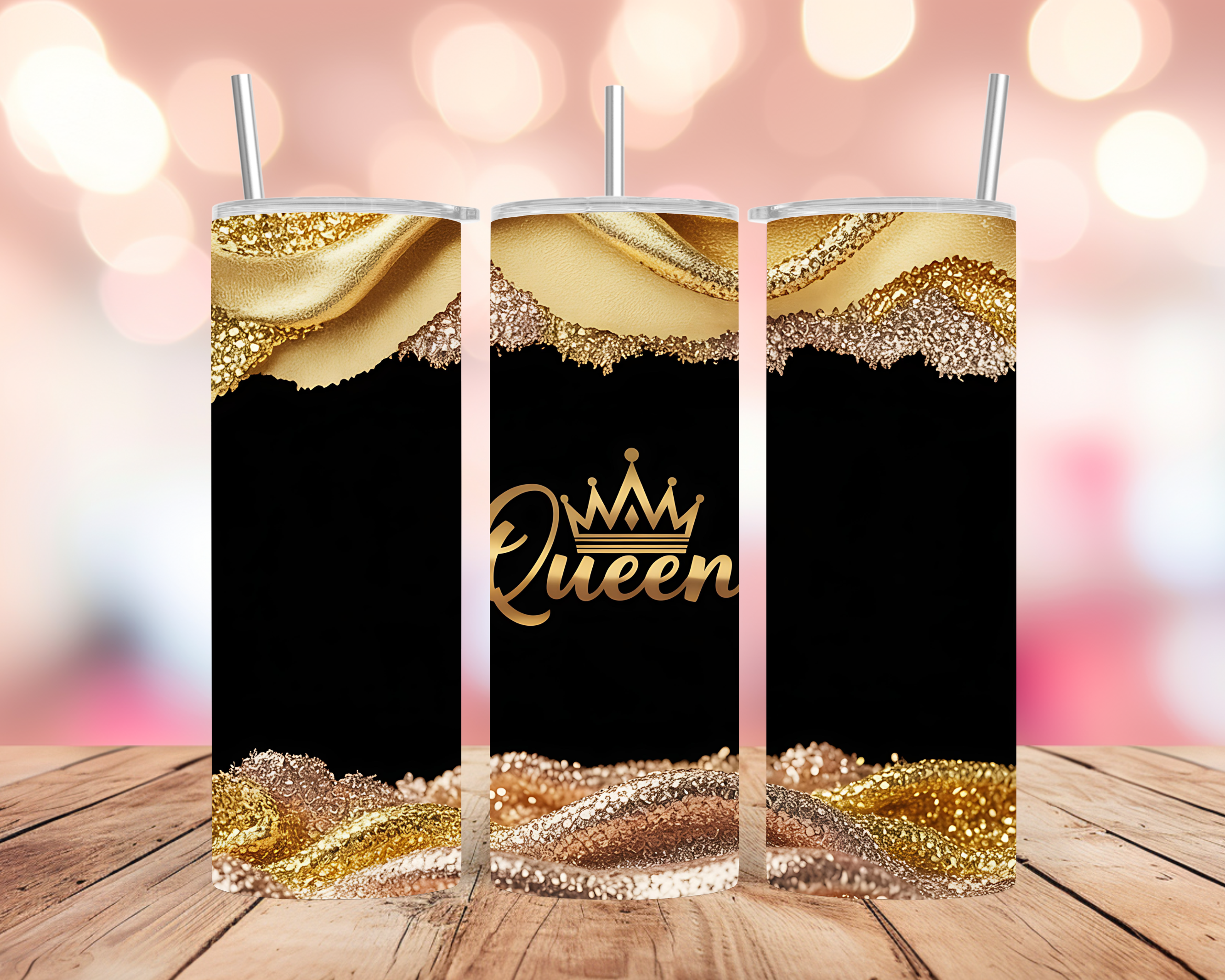 Queen Crown Tumbler Wrap: Luxury Gold Glitter Black Design 20oz PNG (Digital Download)