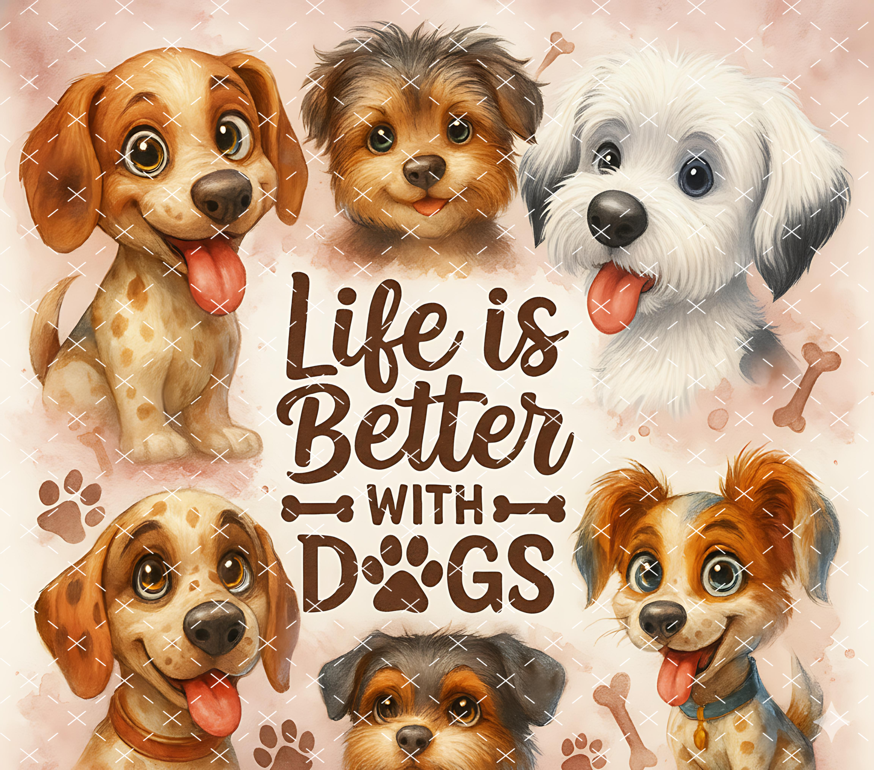 Life Is Better With Dogs Tumbler Wrap 20oz PNG: Cute Puppy Cartoon Design for Dog Lovers