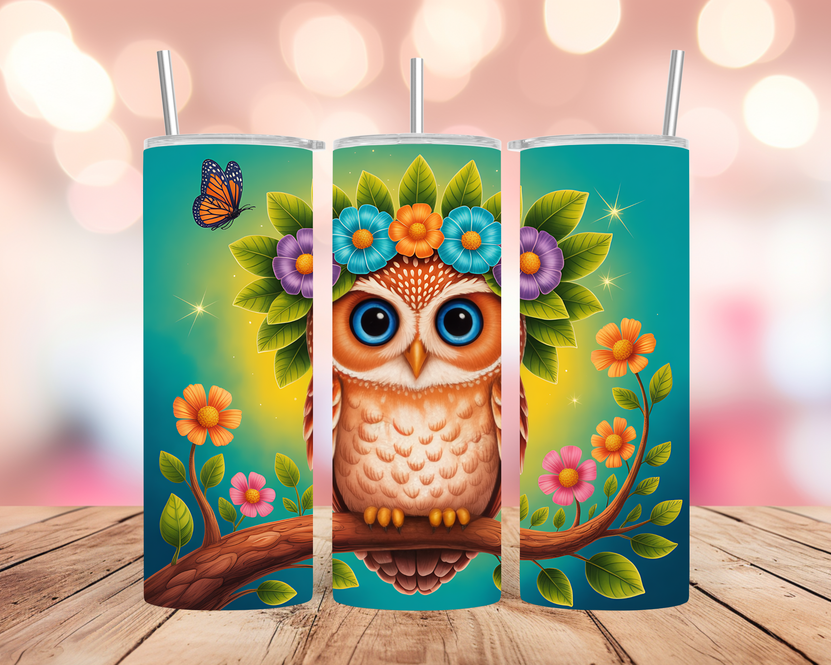Owl Tumbler Wrap: Floral Crown and Butterfly Design 20oz PNG (Digital Download)