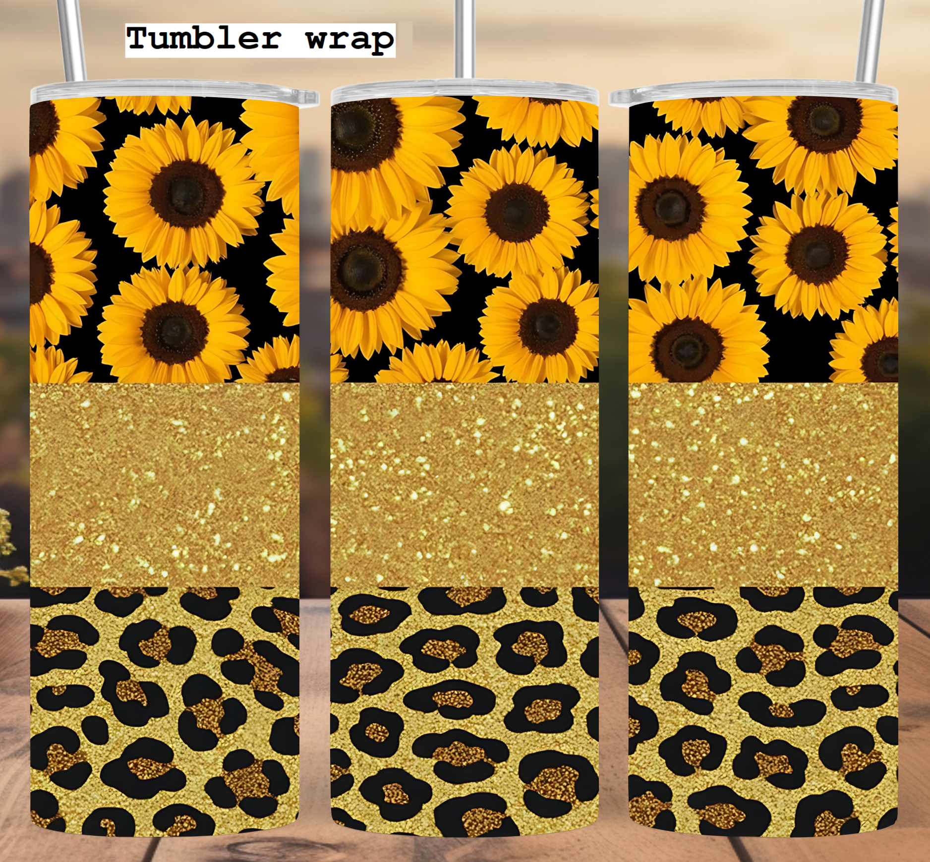 Sunflower Leopard Tumbler Wrap: Gold Glitter Floral Animal Print Design tumbler wrap 20oz PNG