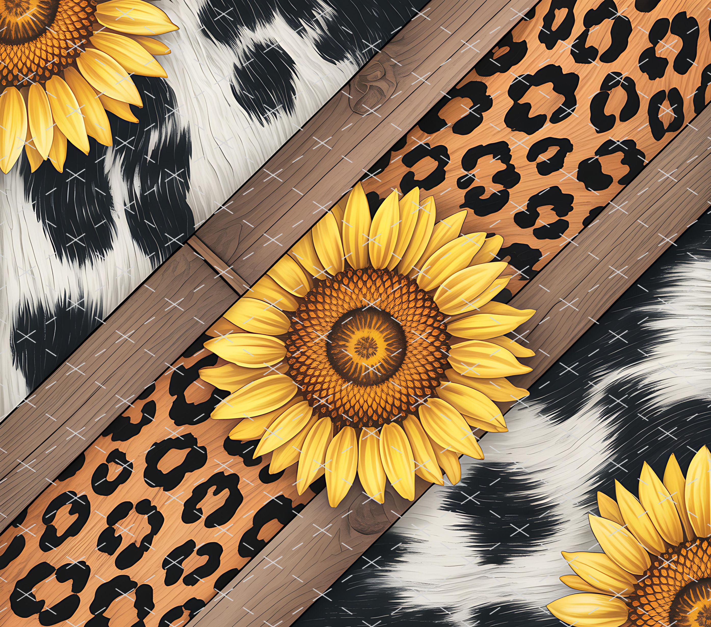 Sunflower Cow Leopard Wood Pattern tumbler wrap 20oz PNG