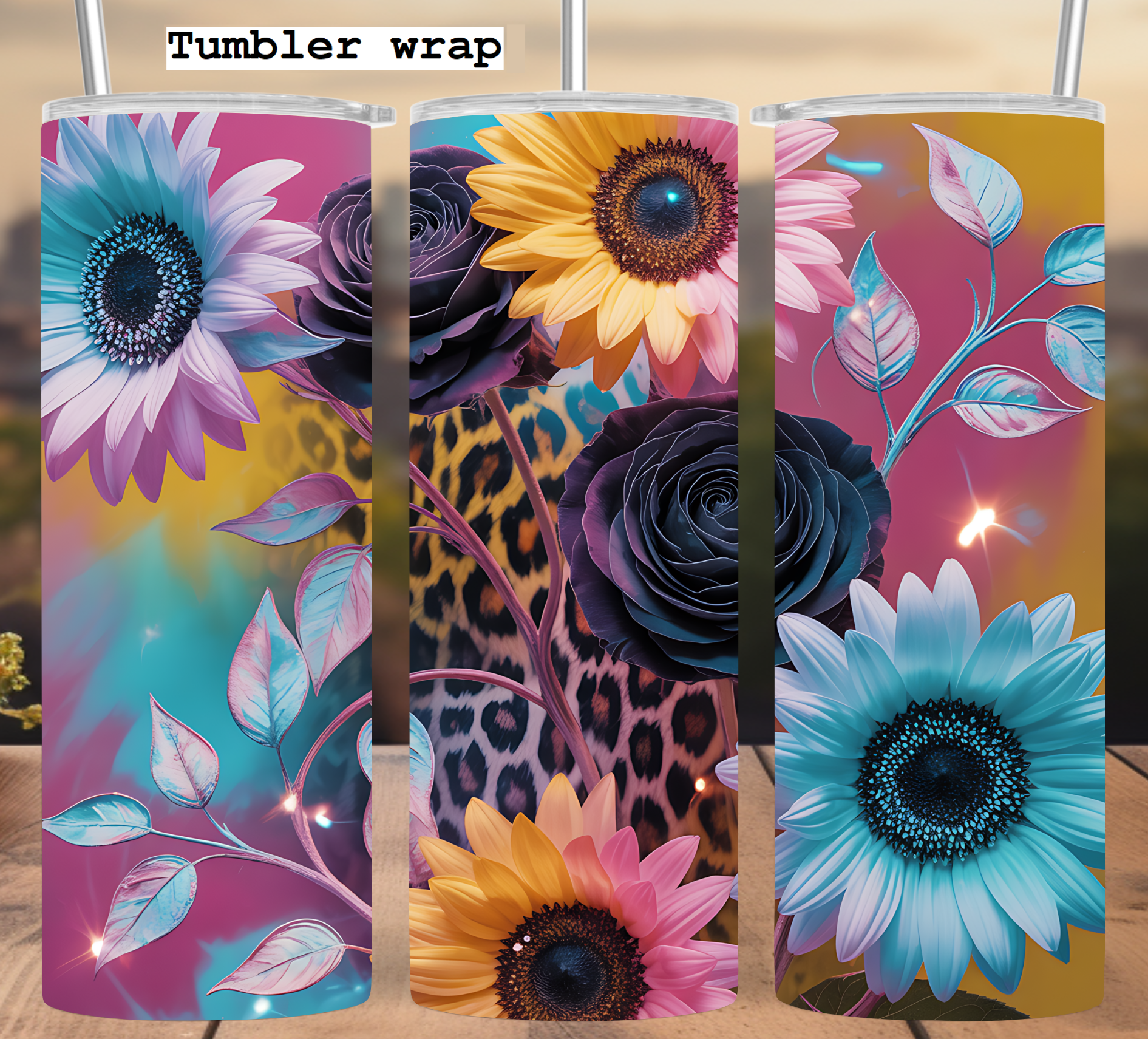Leopard Floral Sunflower Rose Design tumbler wrap 20oz PNG