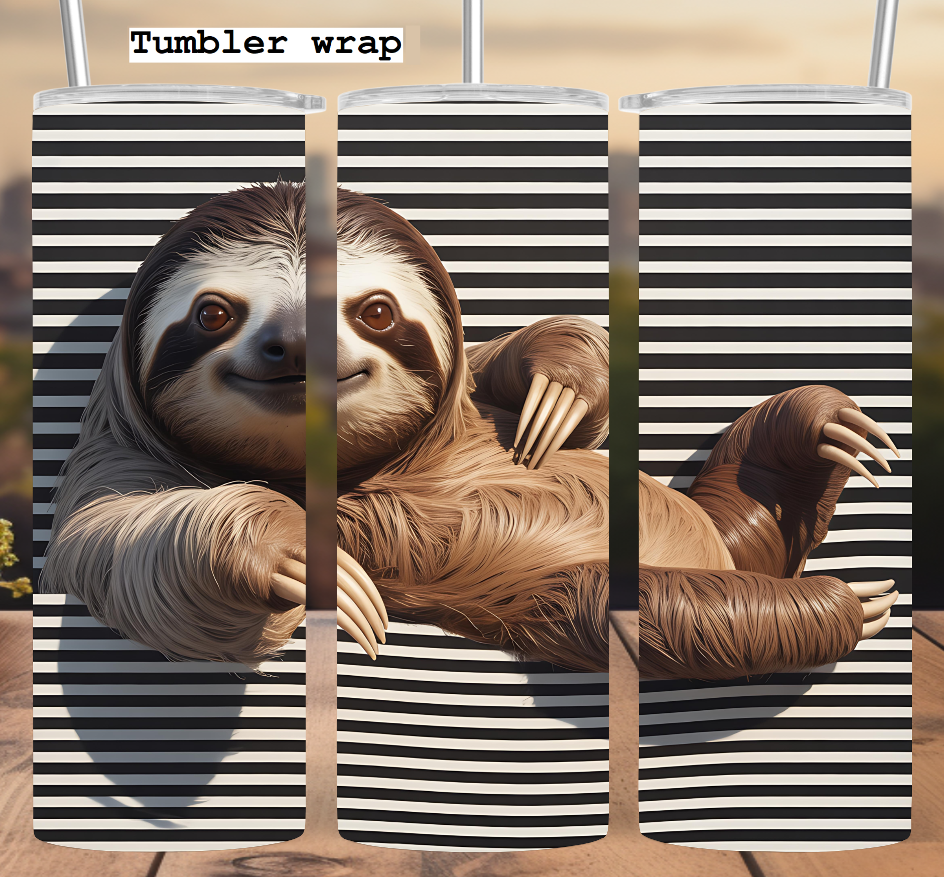 Sloth Tumbler Wrap: Relaxing Striped Background 20oz PNG Digital Download