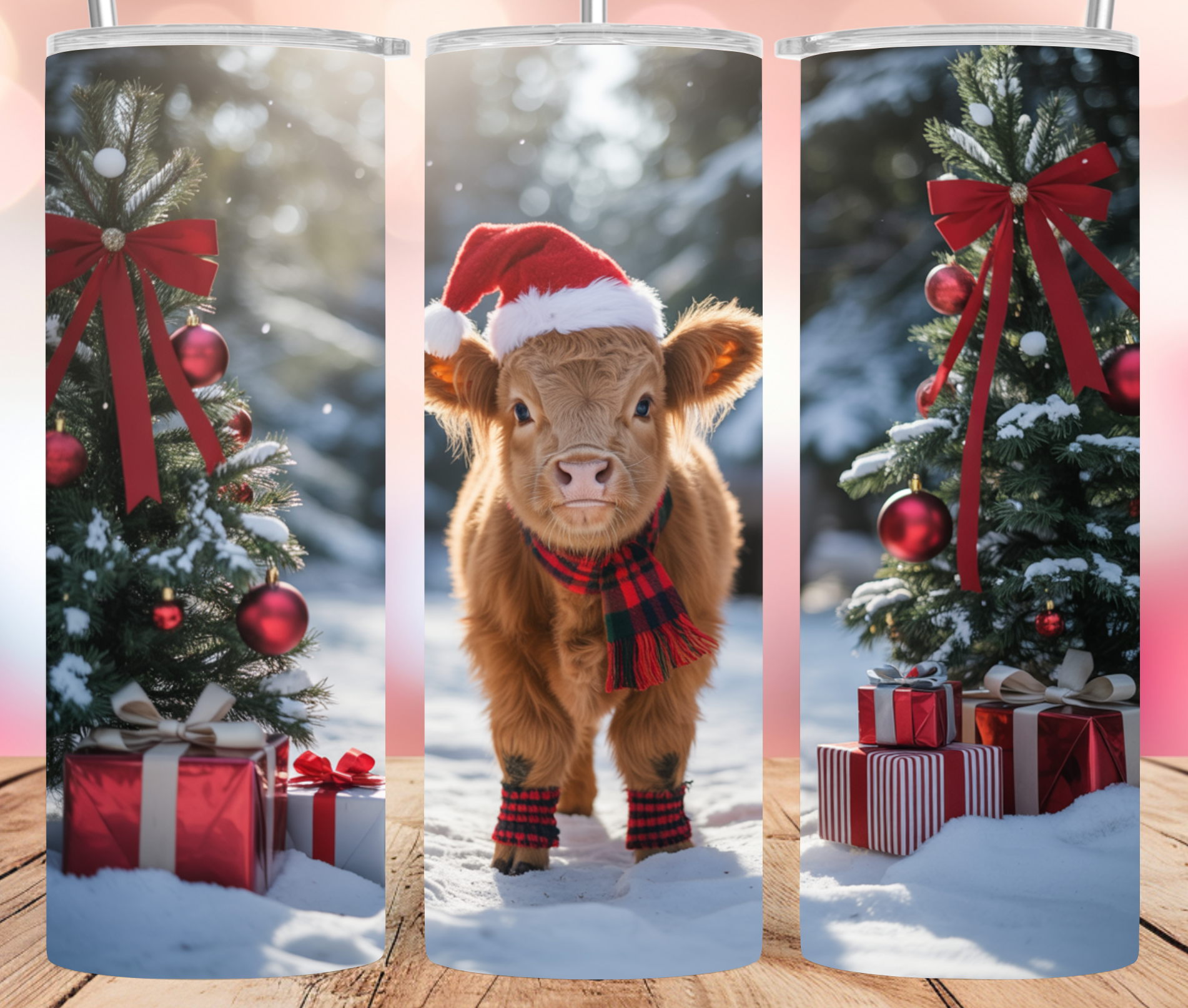 Highland Cow Tumbler Wrap: Cute Christmas Calf with Santa Hat and Gifts 20oz PNG (Digital Download)