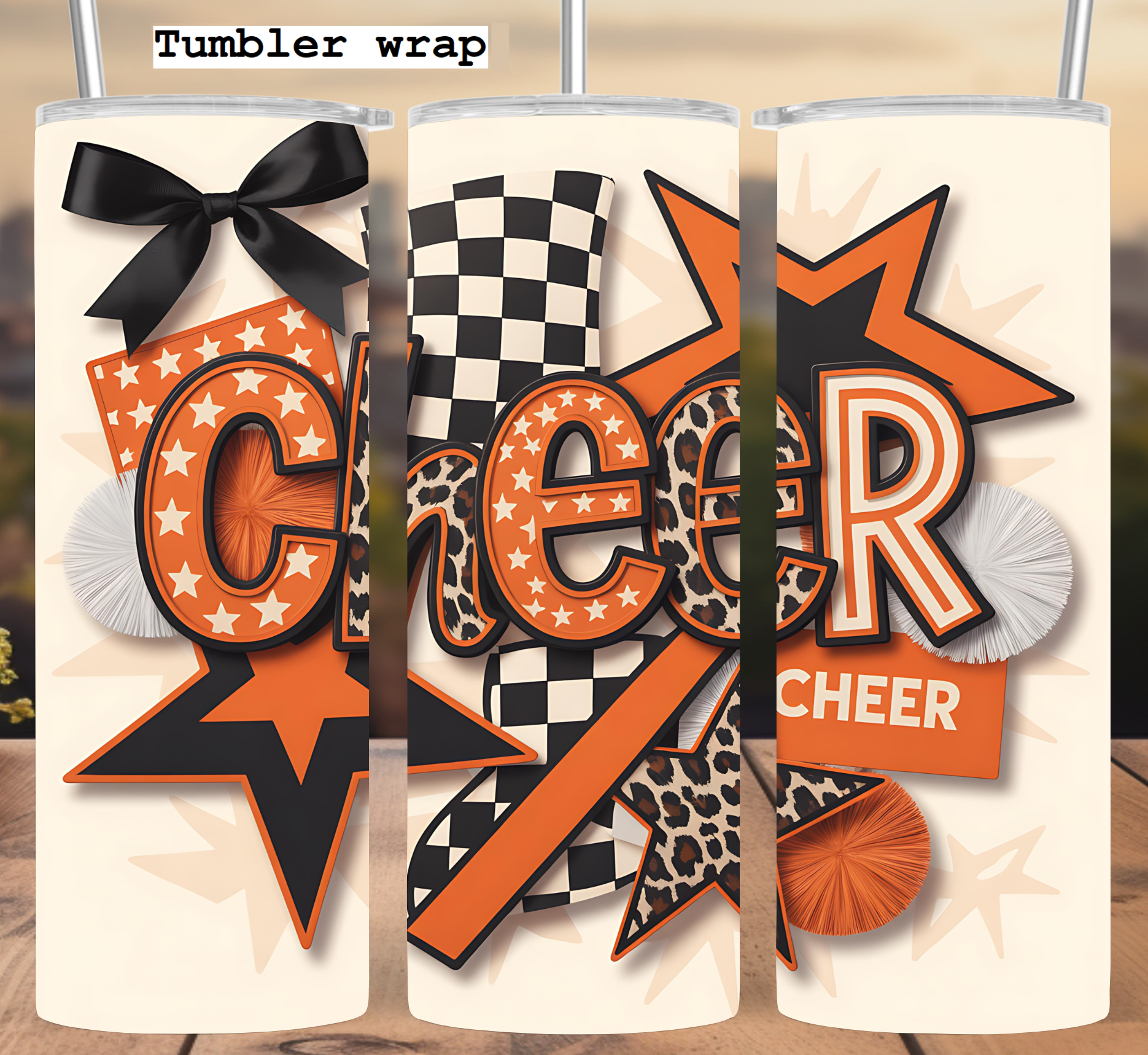 Orange Leopard Cheer Star: Bold School Spirit and Team Energy tumbler wrap 20oz PNG