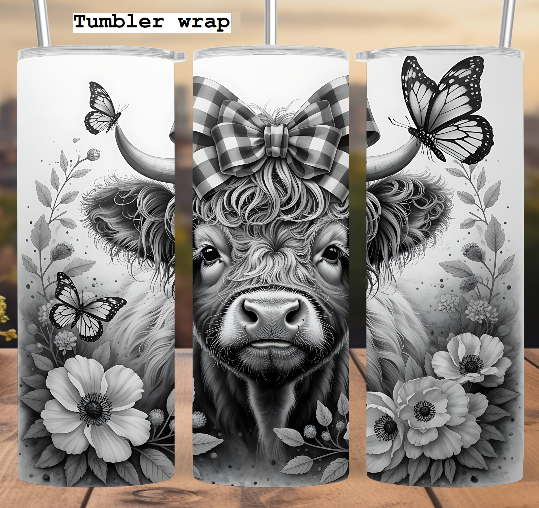 Black and White Highland Cow Tumbler Wrap: Elegant Floral Design tumbler wrap 20oz PNG