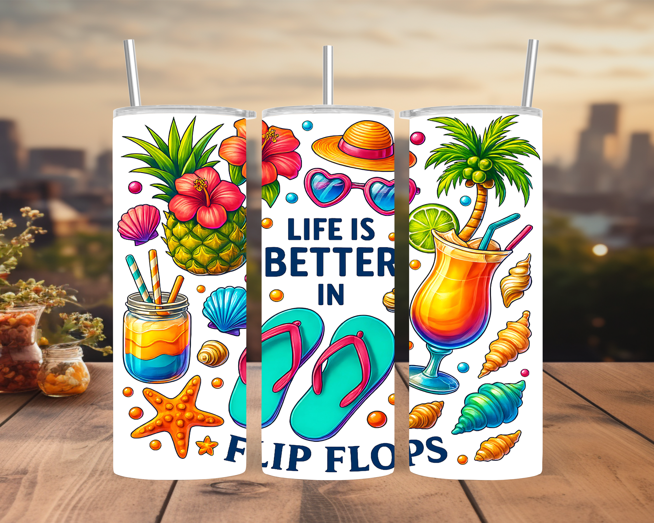 Life is Better Flip Flops Tumbler Wrap 20oz: Tropical Summer Cocktail and Beach Elements PNG