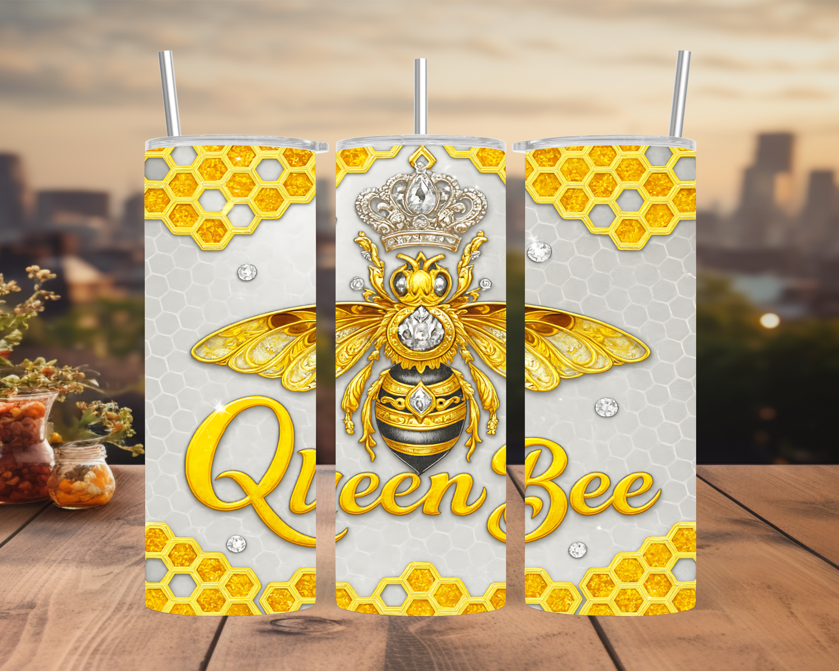 Queen Bee Tumbler Wrap 20oz: Golden Honeycomb Diamond Sublimation Design PNG