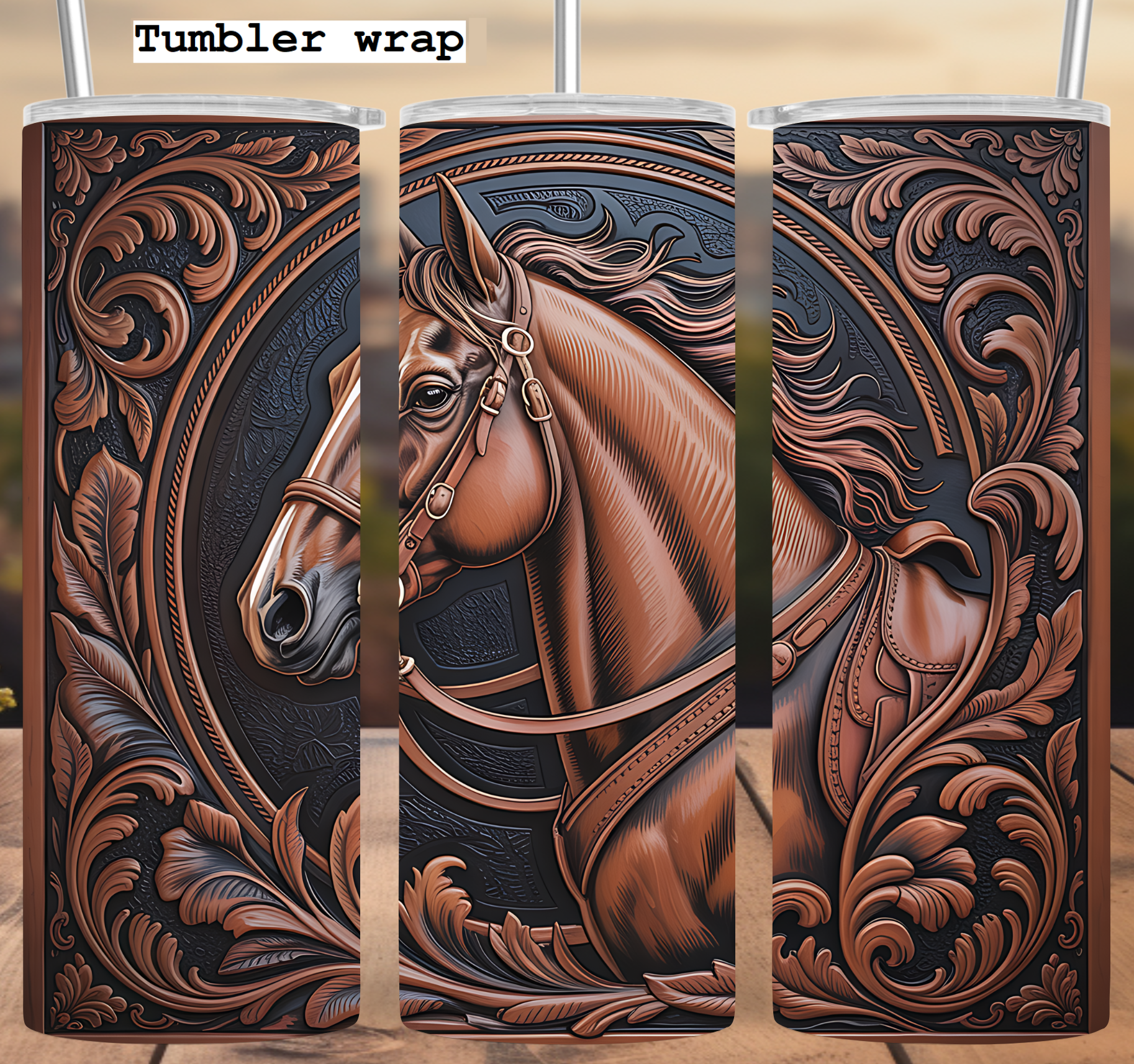 Horse Carved Floral Design tumbler wrap 20oz PNG