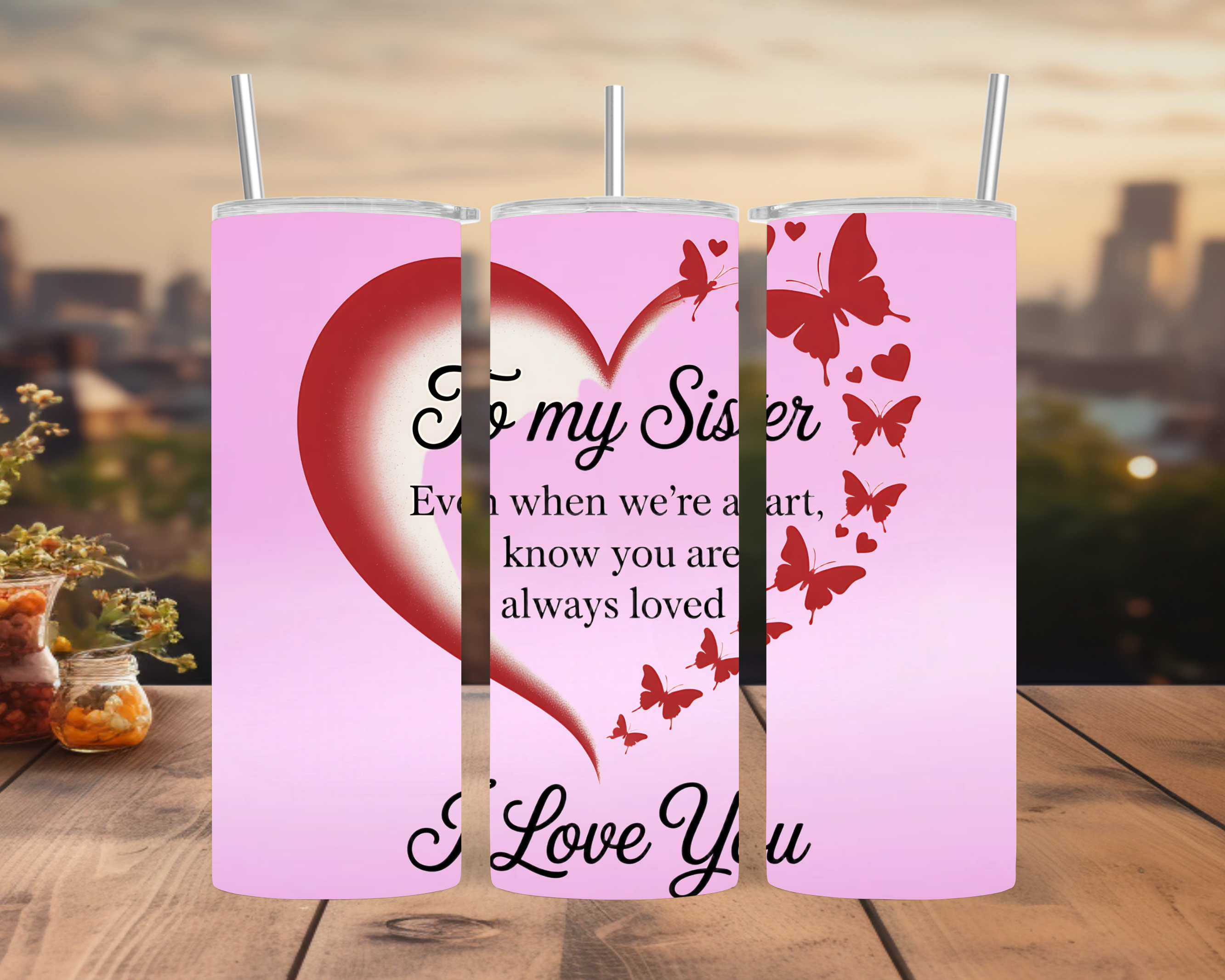 To My Sister Tumbler Wrap: Heart and Butterfly Love Quote Design 20oz PNG (Digital Download)