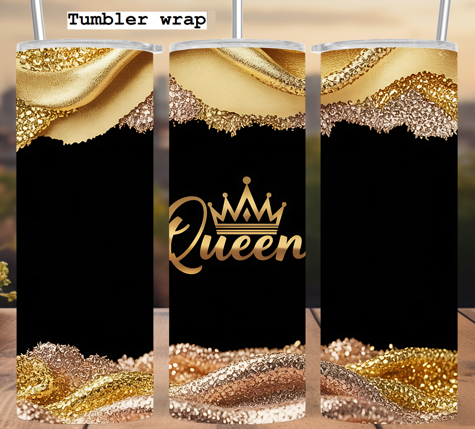 Queen Crown Gold: Elegant Black Glitter Luxury Design tumbler wrap 20oz PNG