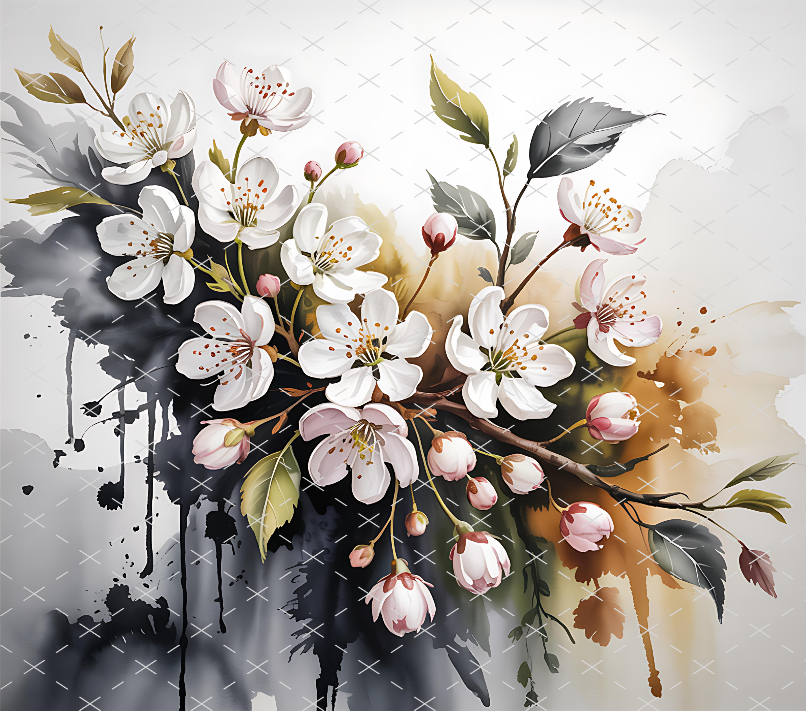 White Blossom Watercolor Flowers tumbler wrap 20oz PNG